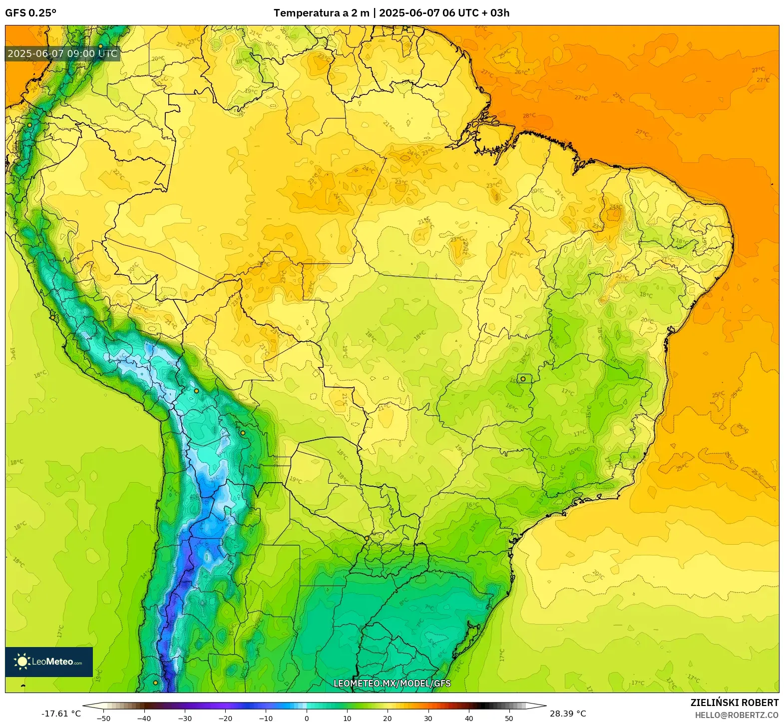 GFS model - Brasil, Temperatura a 2 m GFS model - Brasil, Temperatura a 2 m