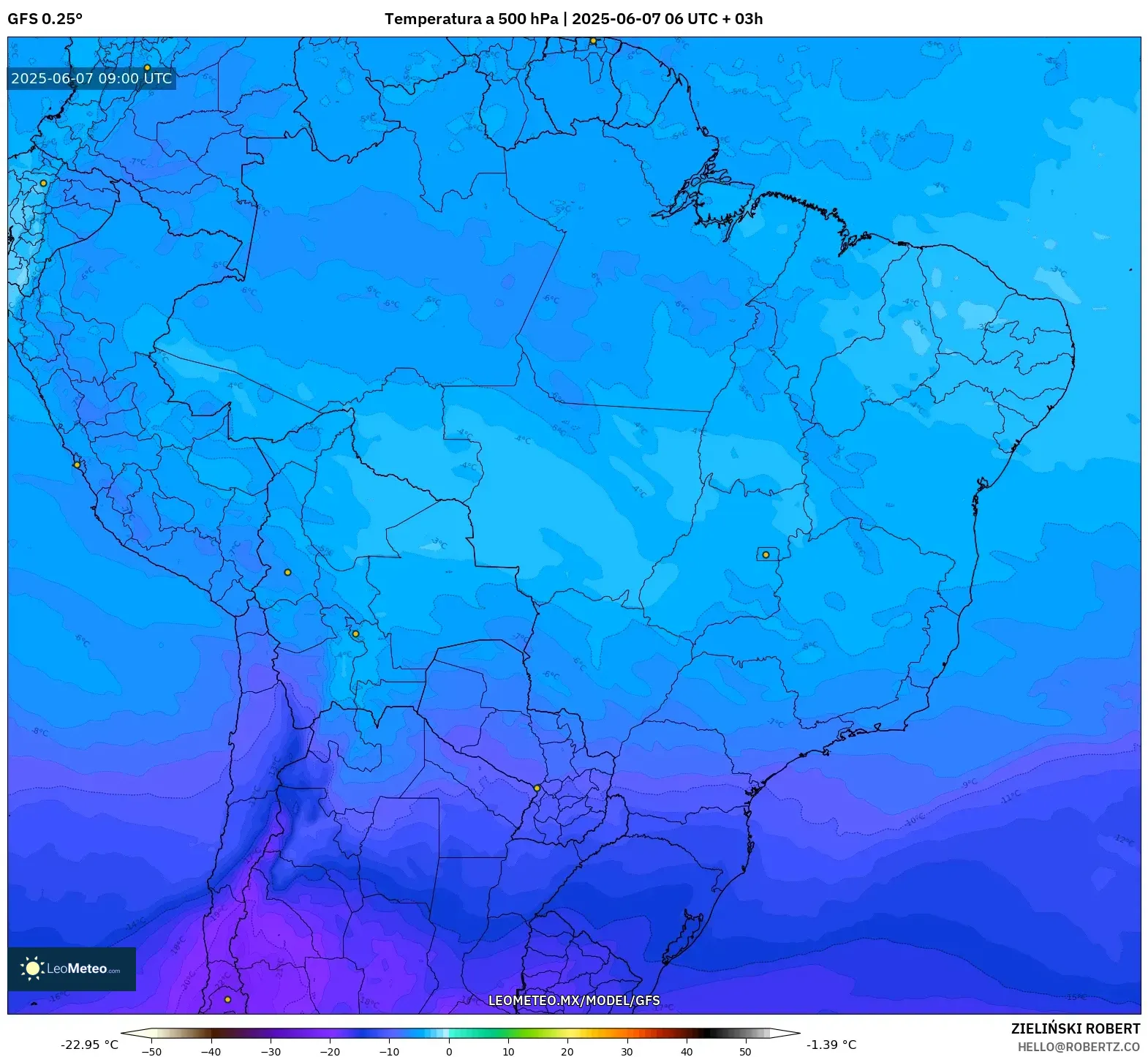 GFS model - Brasil, Temperatura a 500 hPa GFS model - Brasil, Temperatura a 500 hPa