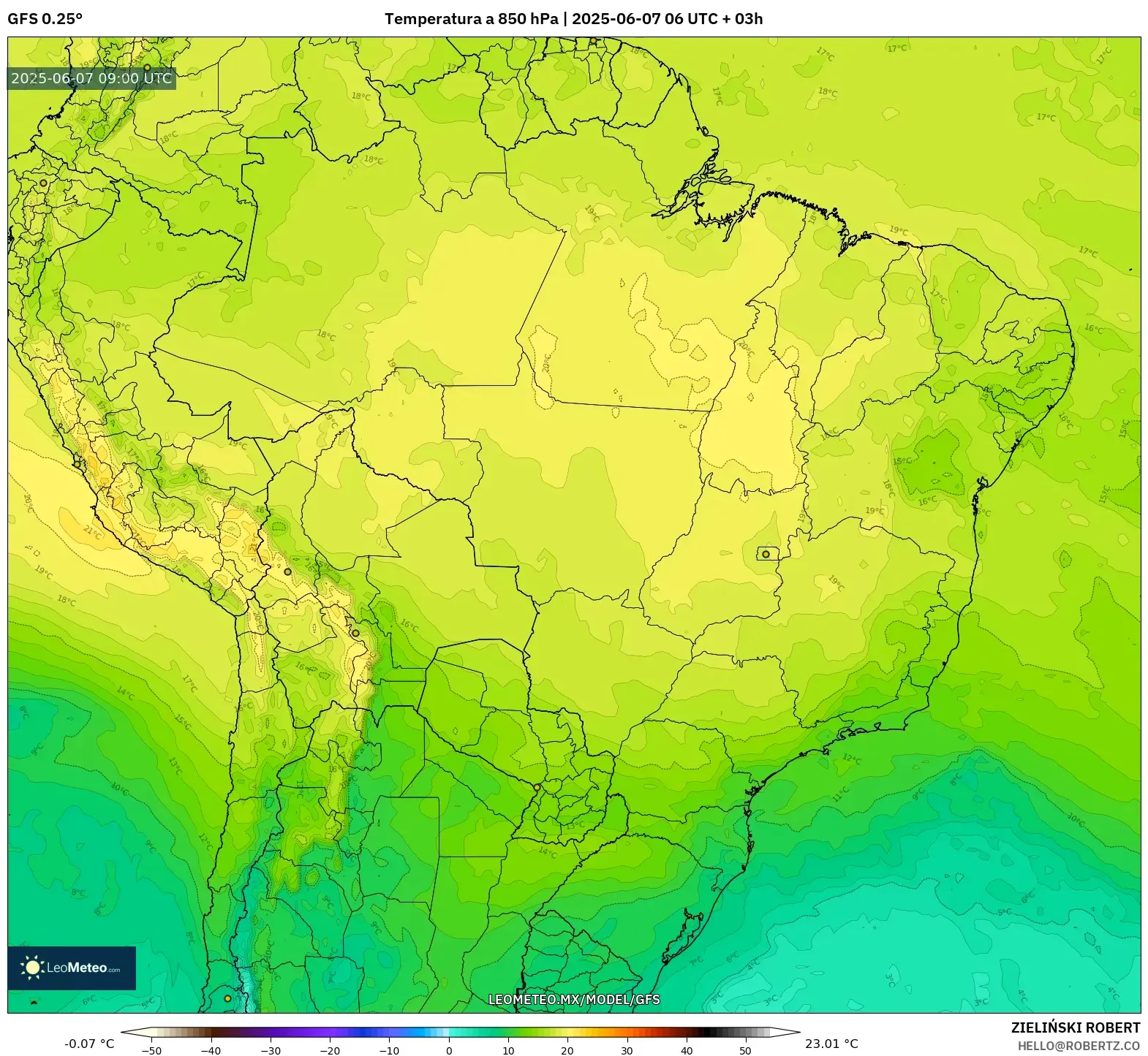 GFS model - Brasil, Temperatura a 850 hPa GFS model - Brasil, Temperatura a 850 hPa