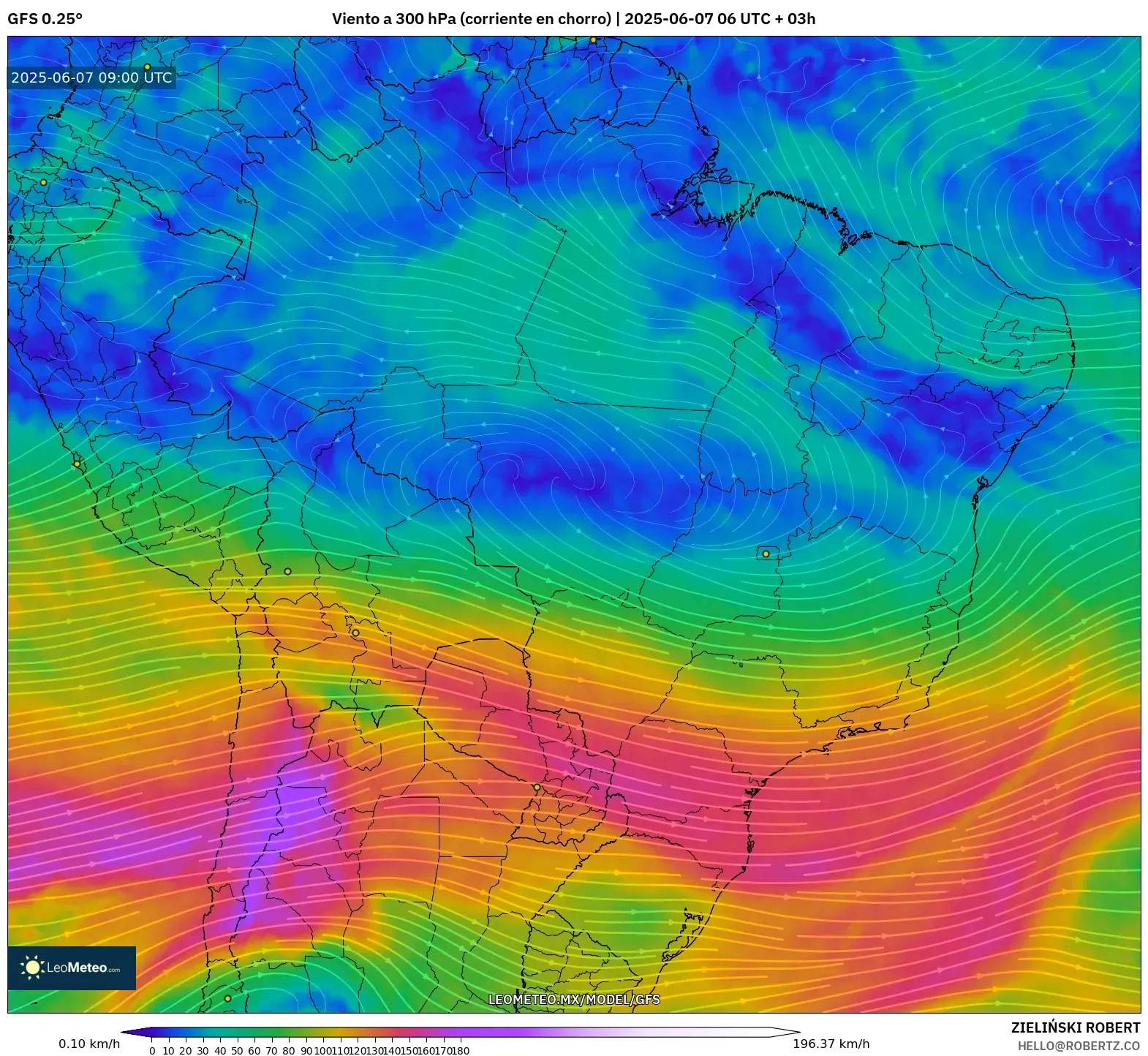 GFS model - Brasil, Viento a 300 hPa (corriente en chorro) GFS model - Brasil, Viento a 300 hPa (corriente en chorro)
