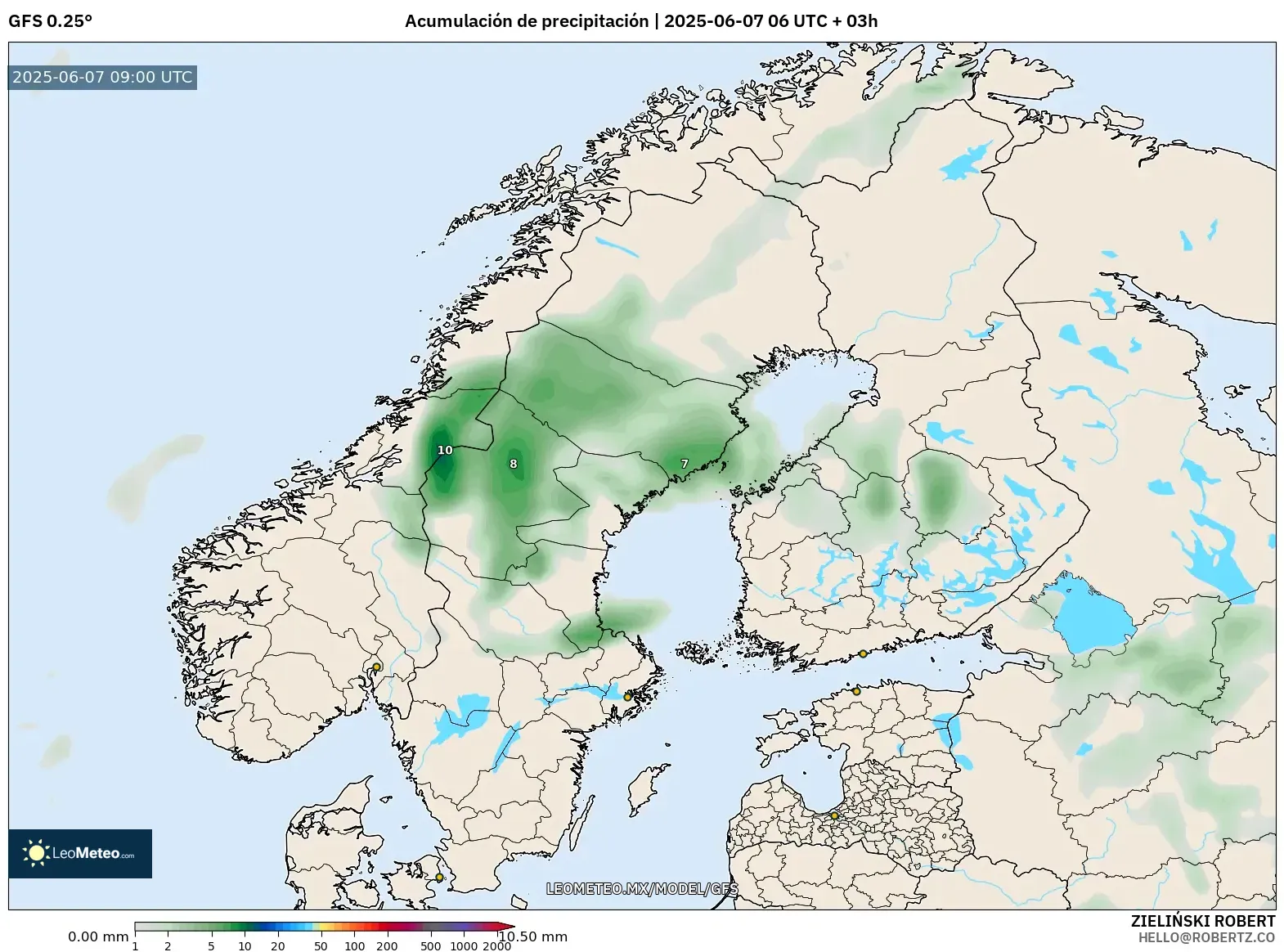 GFS model - Escandinavia, Acumulación de precipitación GFS model - Escandinavia, Acumulación de precipitación