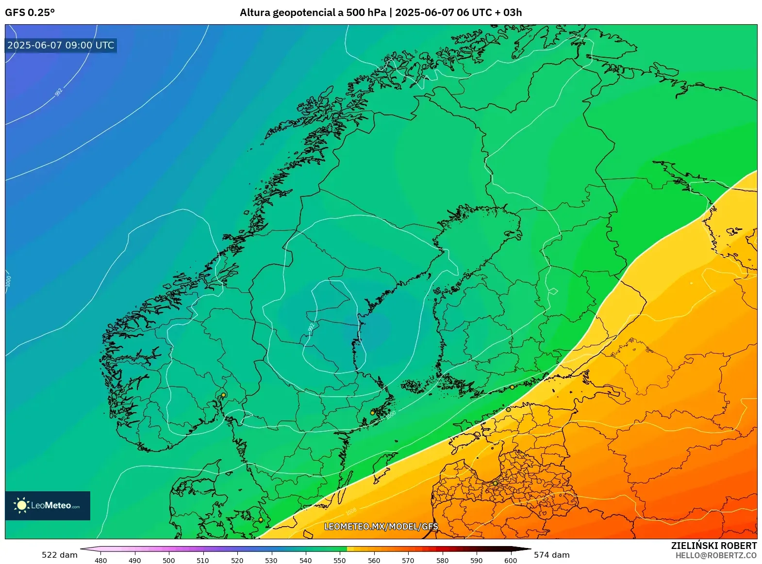 GFS model - Escandinavia, Altura geopotencial a 500 hPa GFS model - Escandinavia, Altura geopotencial a 500 hPa