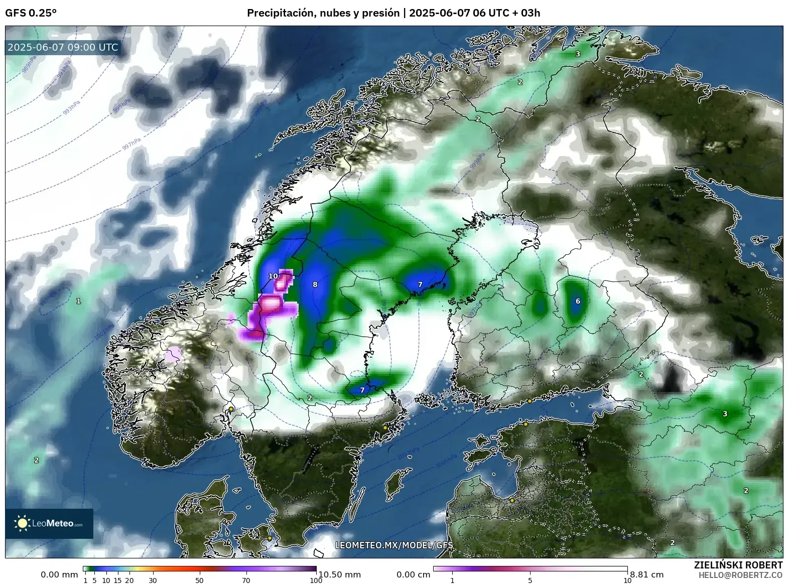 GFS model - Escandinavia, Precipitación, nubes y presión GFS model - Escandinavia, Precipitación, nubes y presión