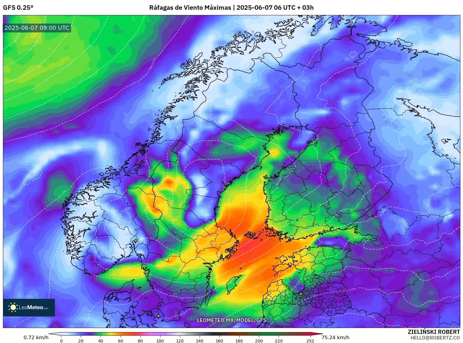 GFS model - Escandinavia, Ráfagas de Viento Máximas GFS model - Escandinavia, Ráfagas de Viento Máximas