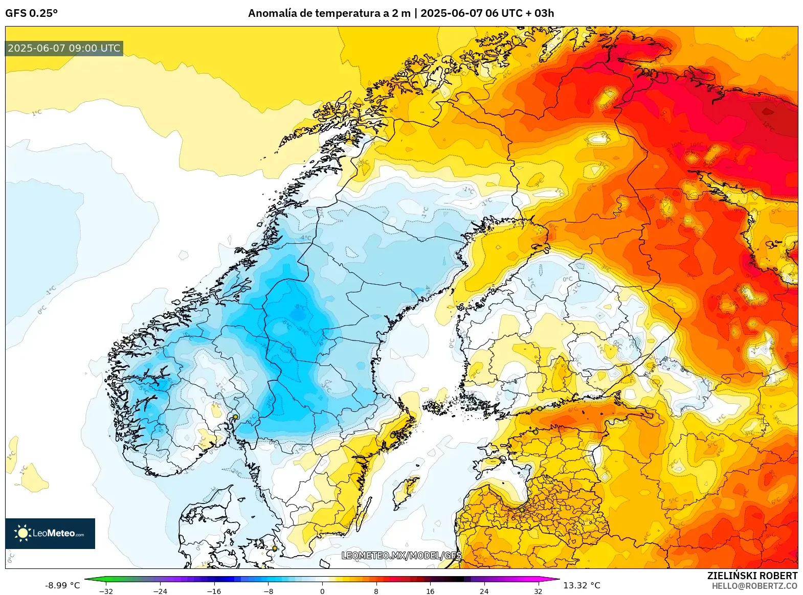 GFS model - Escandinavia, Anomalía de temperatura a 2 m GFS model - Escandinavia, Anomalía de temperatura a 2 m