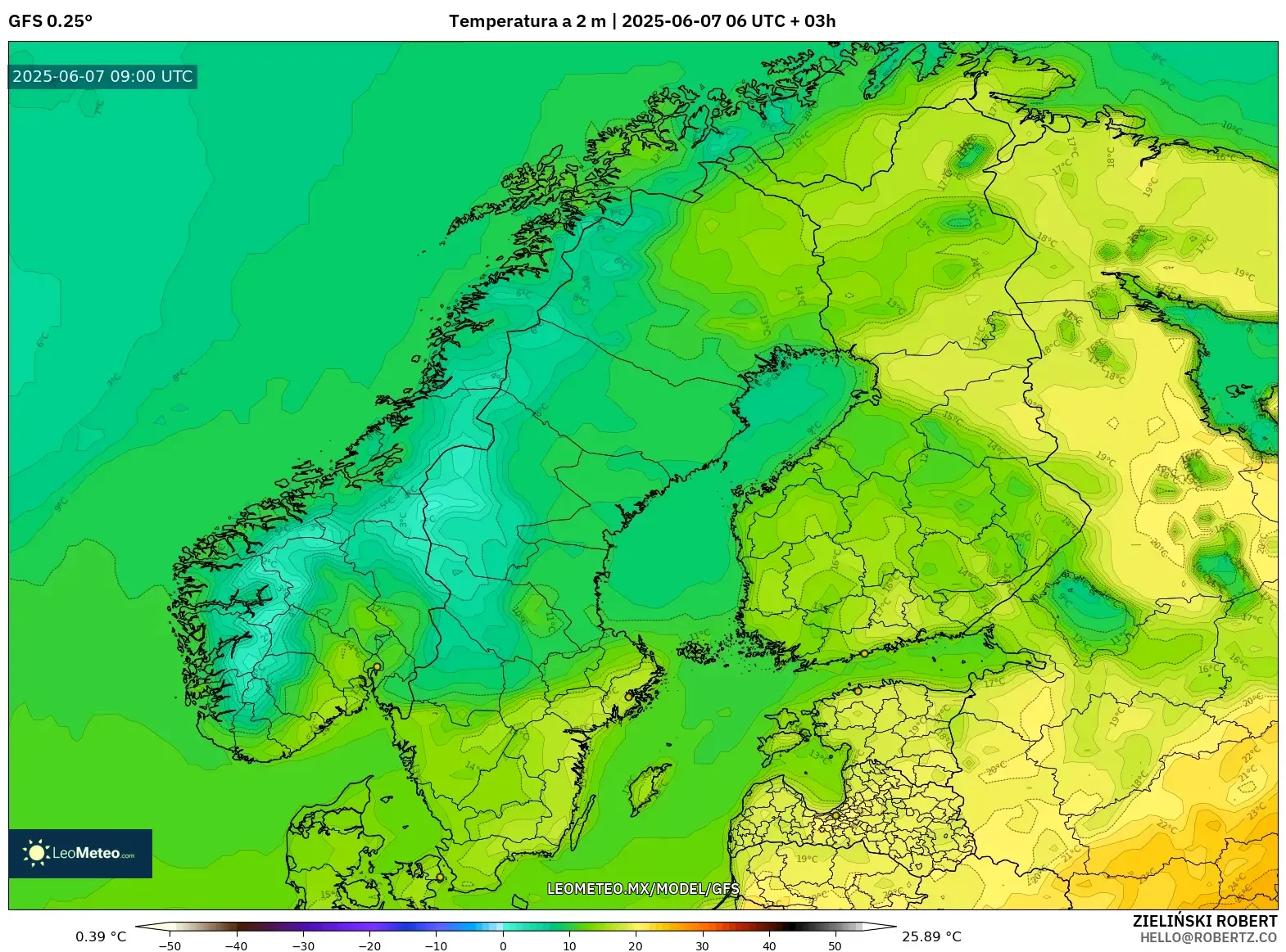 GFS model - Escandinavia, Temperatura a 2 m GFS model - Escandinavia, Temperatura a 2 m