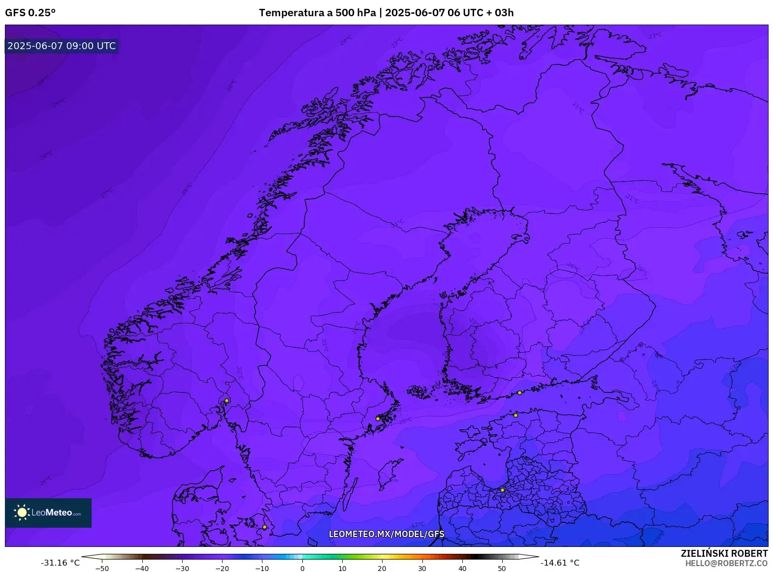 GFS model - Escandinavia, Temperatura a 500 hPa GFS model - Escandinavia, Temperatura a 500 hPa
