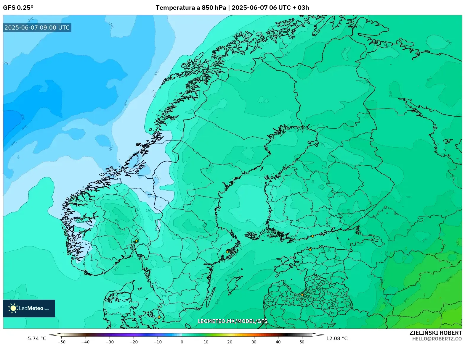 GFS model - Escandinavia, Temperatura a 850 hPa GFS model - Escandinavia, Temperatura a 850 hPa
