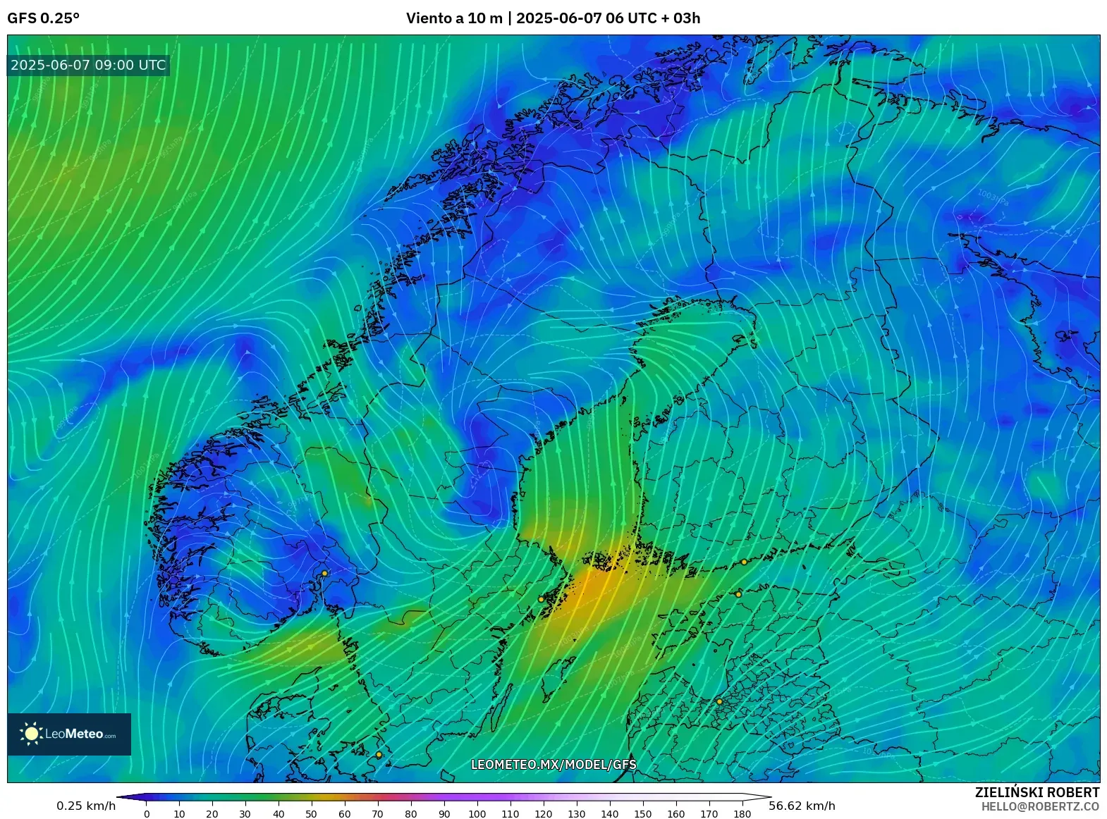 GFS model - Escandinavia, Viento a 10 m GFS model - Escandinavia, Viento a 10 m