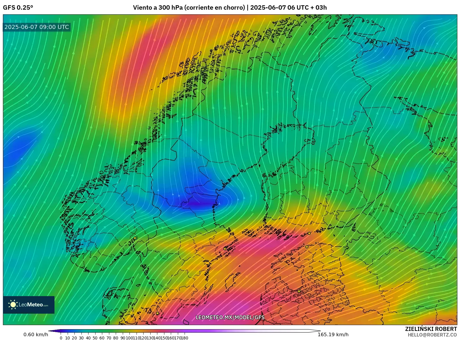 GFS model - Escandinavia, Viento a 300 hPa (corriente en chorro) GFS model - Escandinavia, Viento a 300 hPa (corriente en chorro)