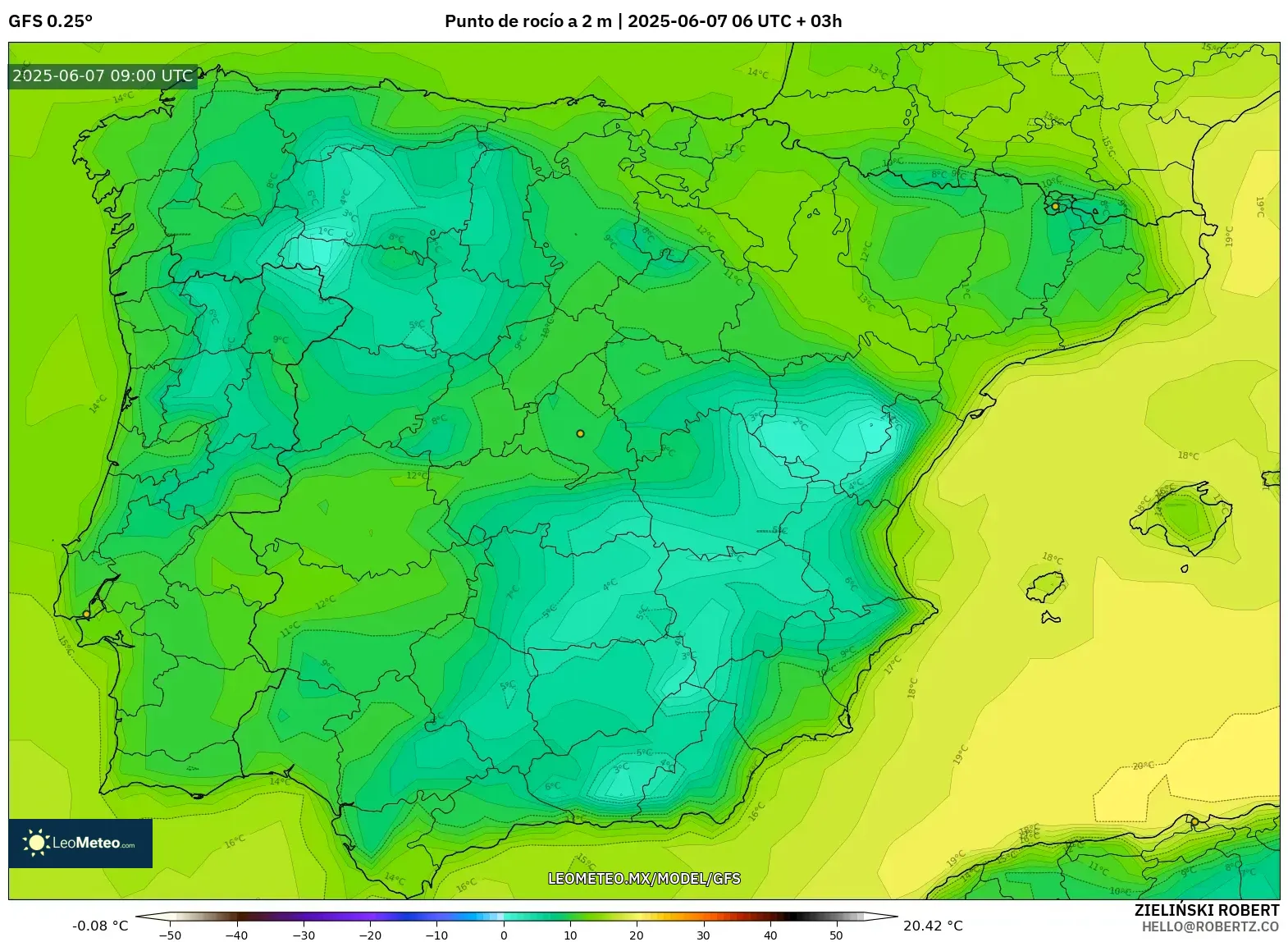 GFS model - España, Punto de rocío a 2 m GFS model - España, Punto de rocío a 2 m