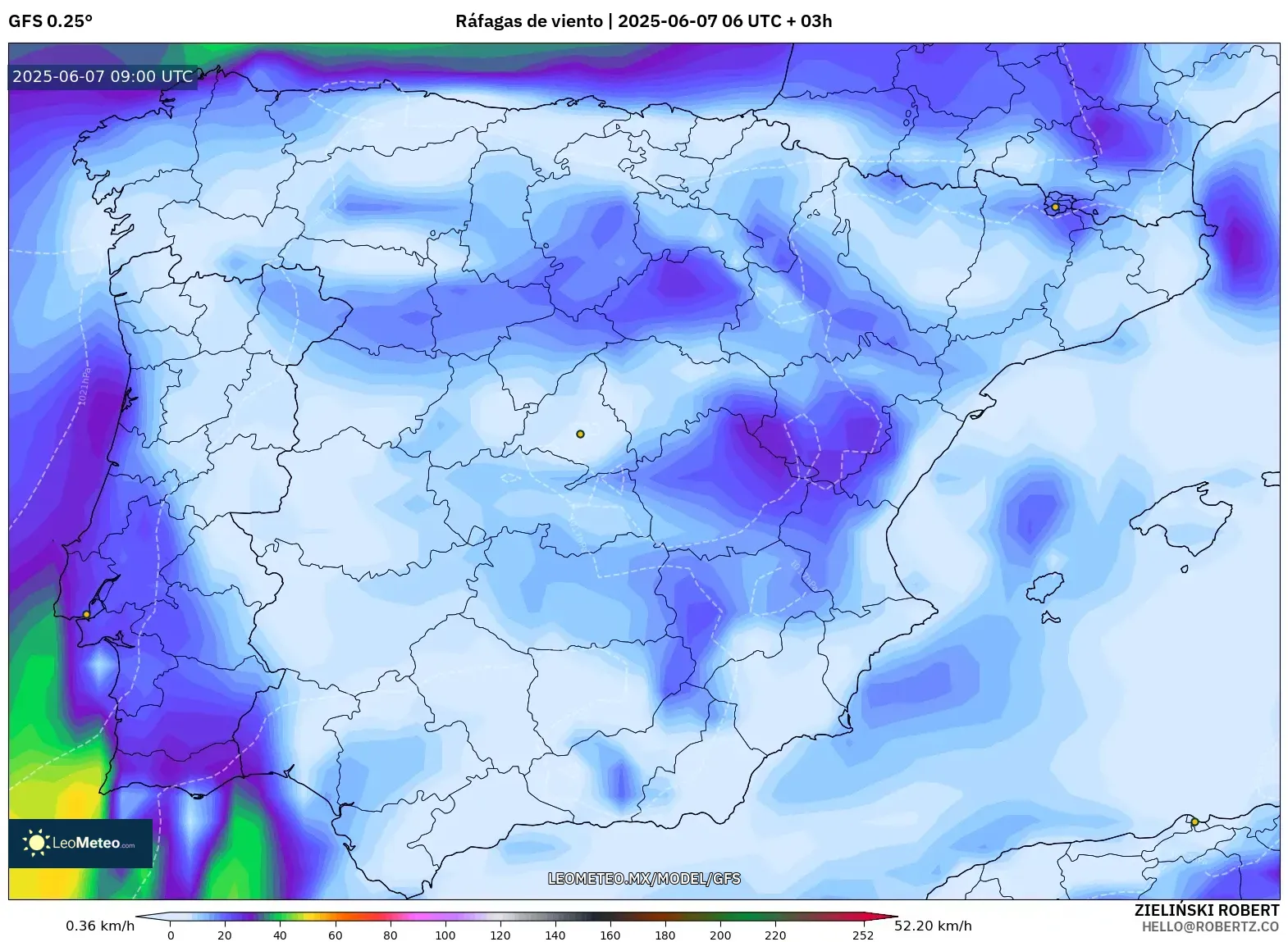 GFS model - España, Ráfagas de viento