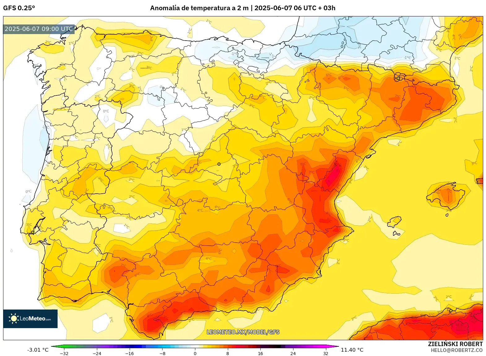 GFS model - España, Anomalía de temperatura a 2 m GFS model - España, Anomalía de temperatura a 2 m