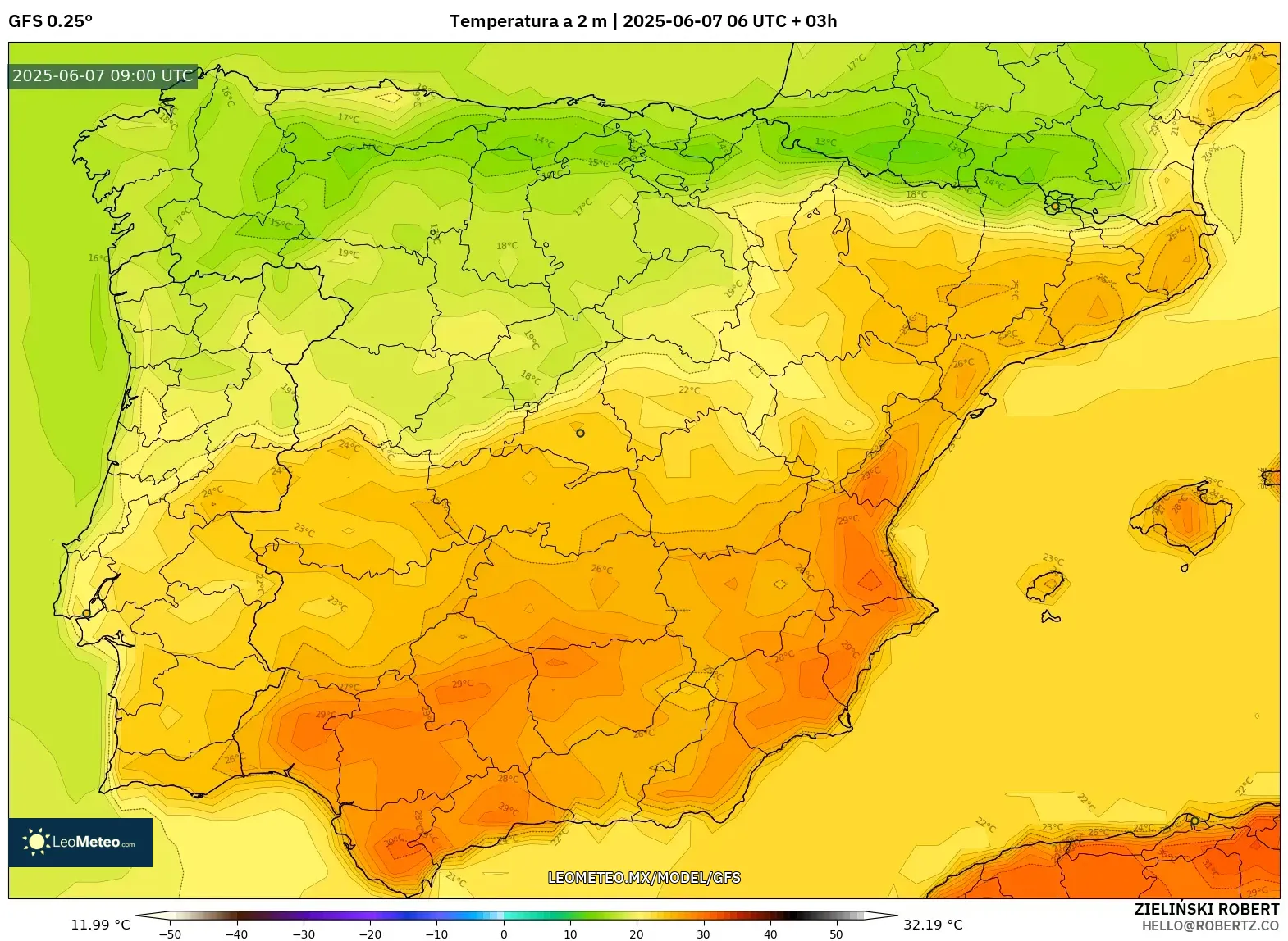 GFS model - España, Temperatura a 2 m GFS model - España, Temperatura a 2 m