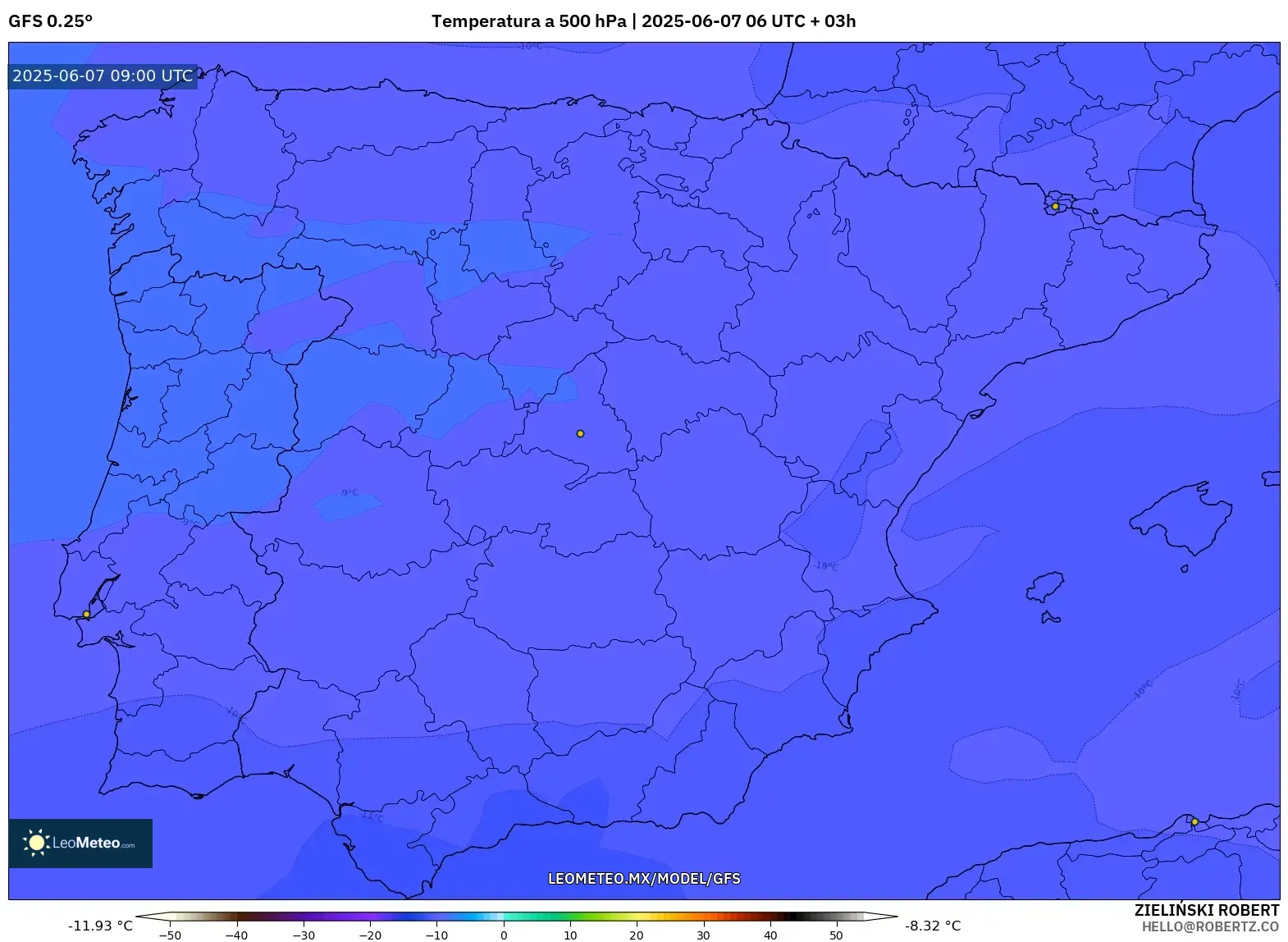 GFS model - España, Temperatura a 500 hPa