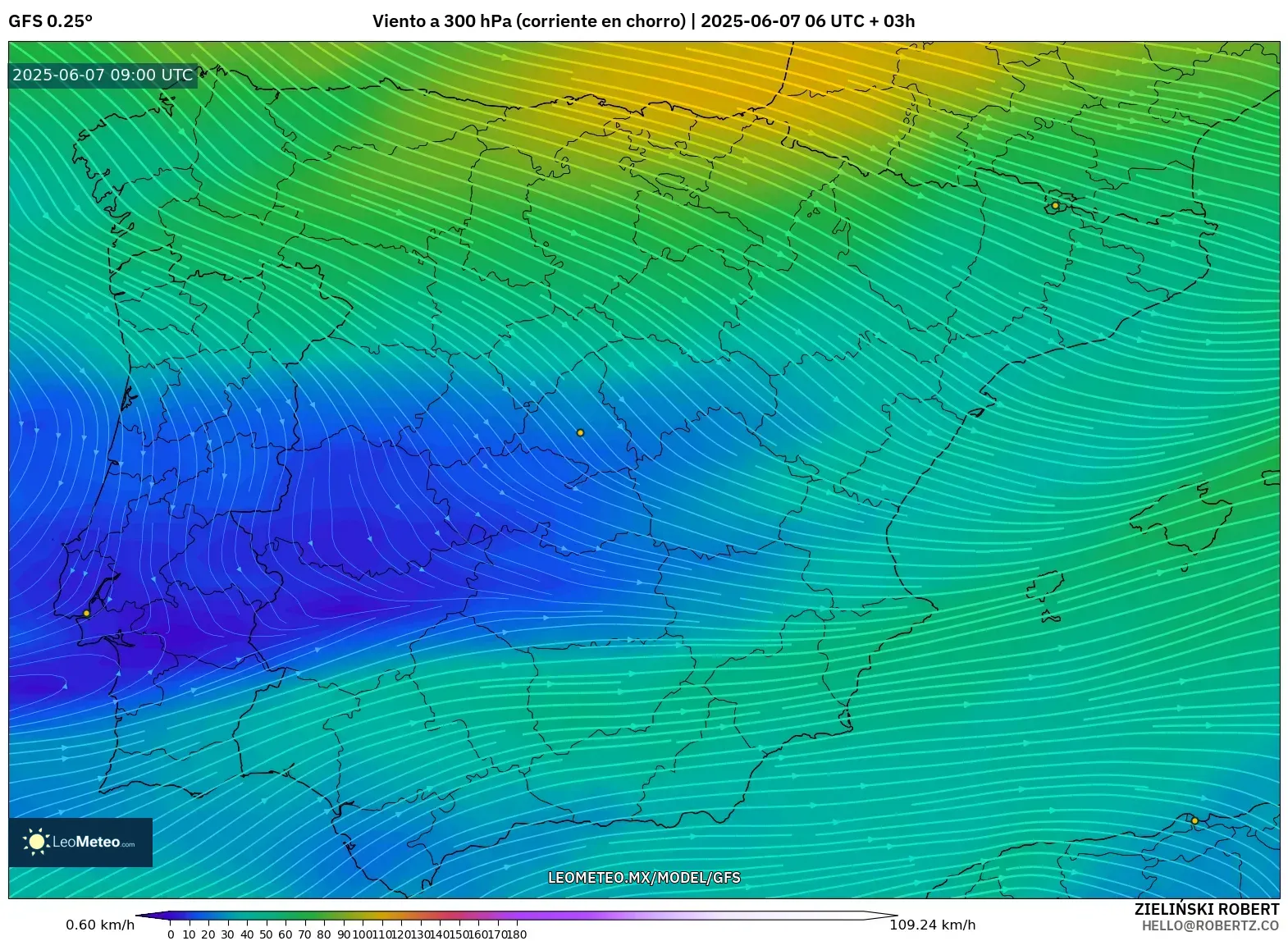 GFS model - España, Viento a 300 hPa (corriente en chorro) GFS model - España, Viento a 300 hPa (corriente en chorro)