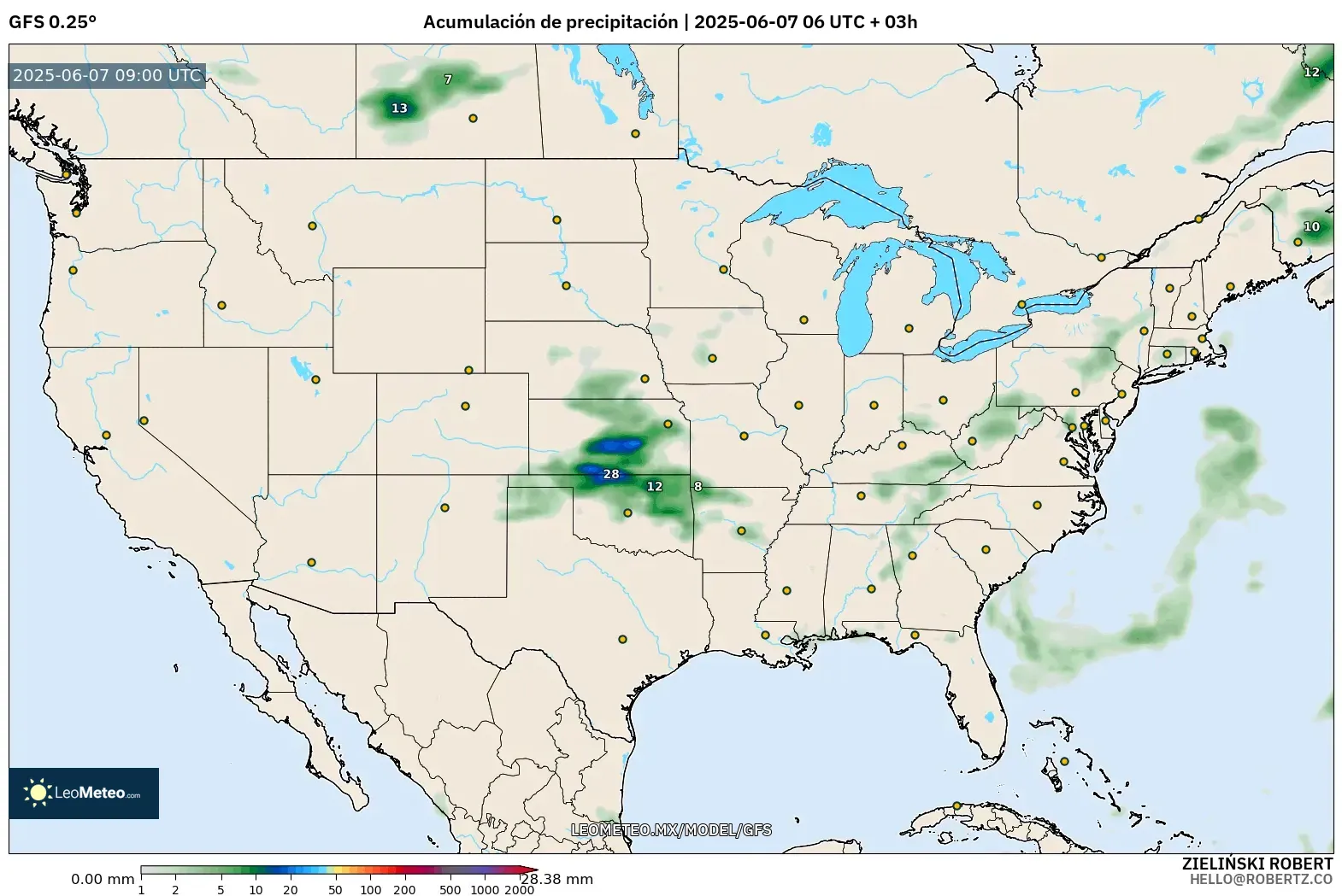 GFS model - Estados Unidos, Acumulación de precipitación GFS model - Estados Unidos, Acumulación de precipitación