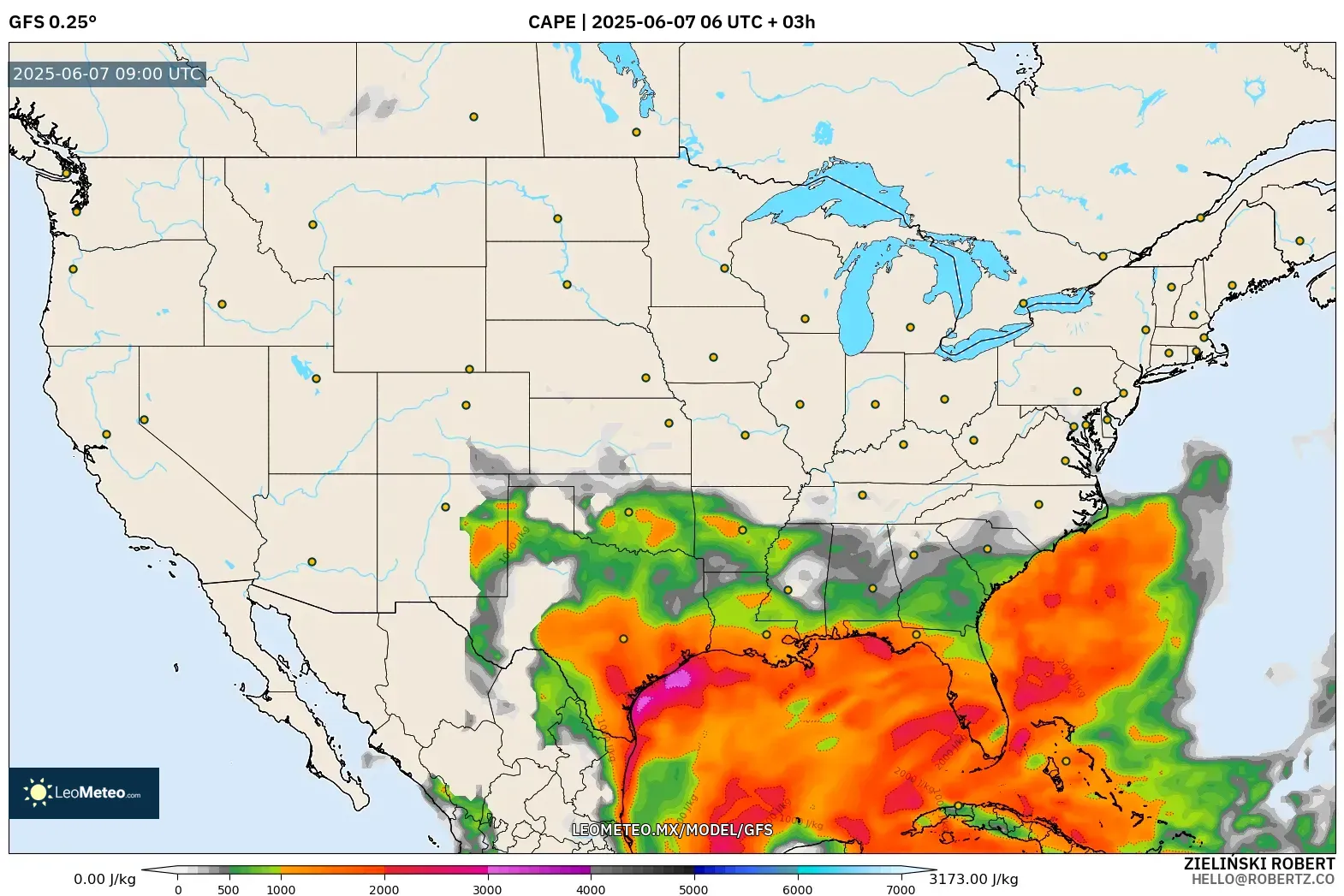 GFS model - Estados Unidos, CAPE GFS model - Estados Unidos, CAPE
