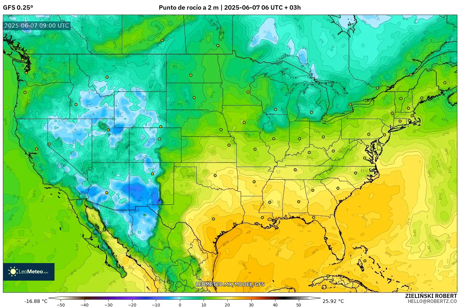 GFS model - Estados Unidos, Punto de rocío a 2 m GFS model - Estados Unidos, Punto de rocío a 2 m