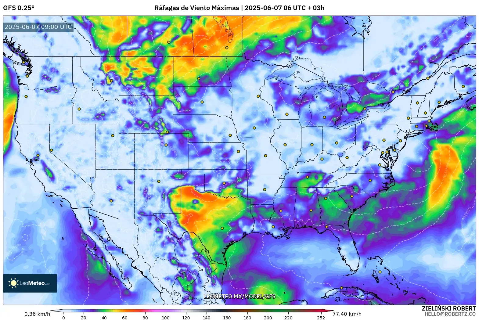 GFS model - Estados Unidos, Ráfagas de Viento Máximas GFS model - Estados Unidos, Ráfagas de Viento Máximas
