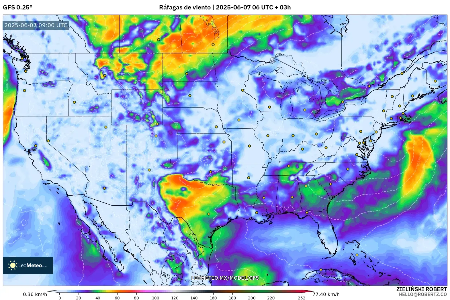 GFS model - Estados Unidos, Ráfagas de viento GFS model - Estados Unidos, Ráfagas de viento