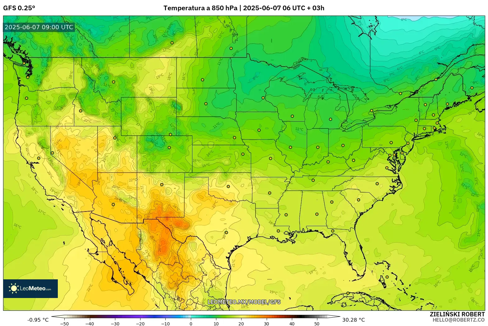GFS model - Estados Unidos, Temperatura a 850 hPa