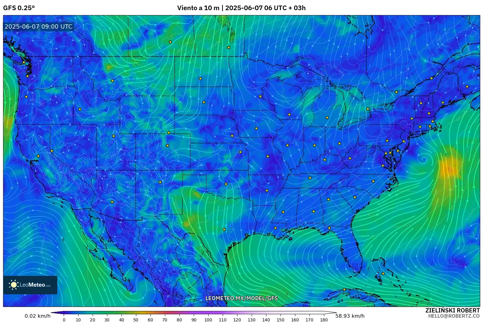 GFS model - Estados Unidos, Viento a 10 m