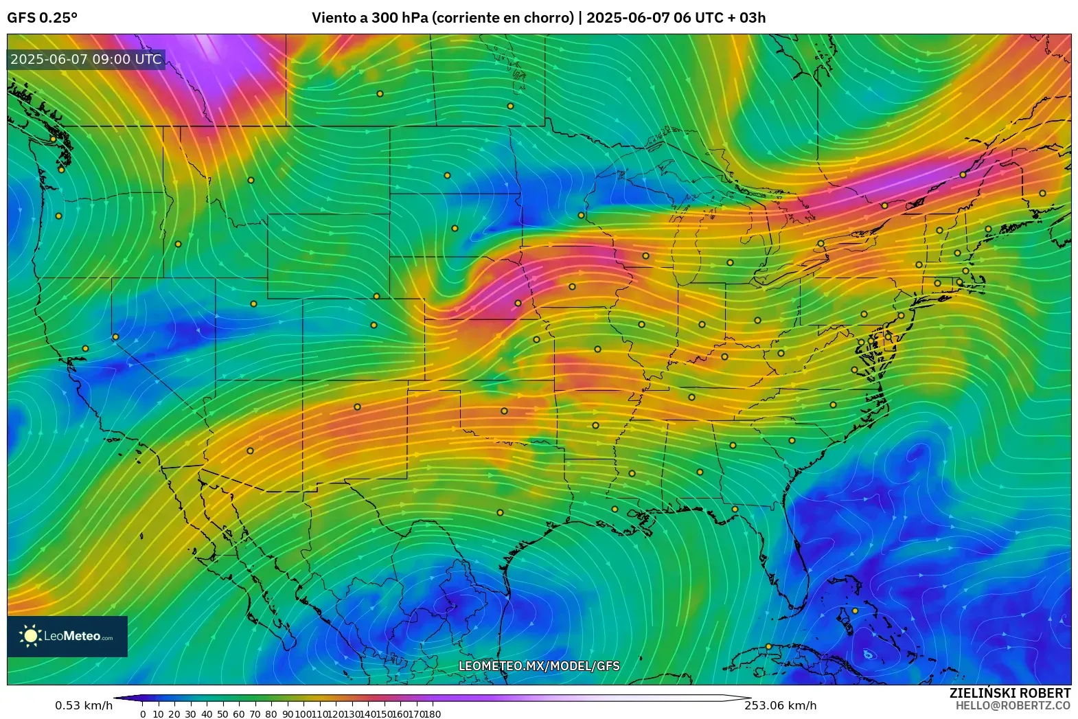 GFS model - Estados Unidos, Viento a 300 hPa (corriente en chorro)