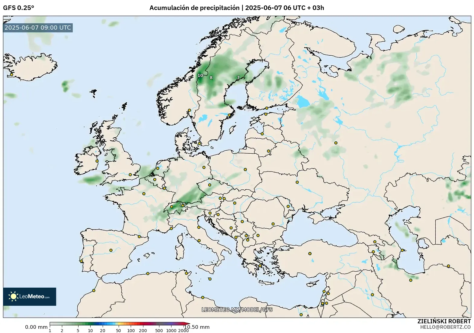 GFS model - Europa, Acumulación de precipitación