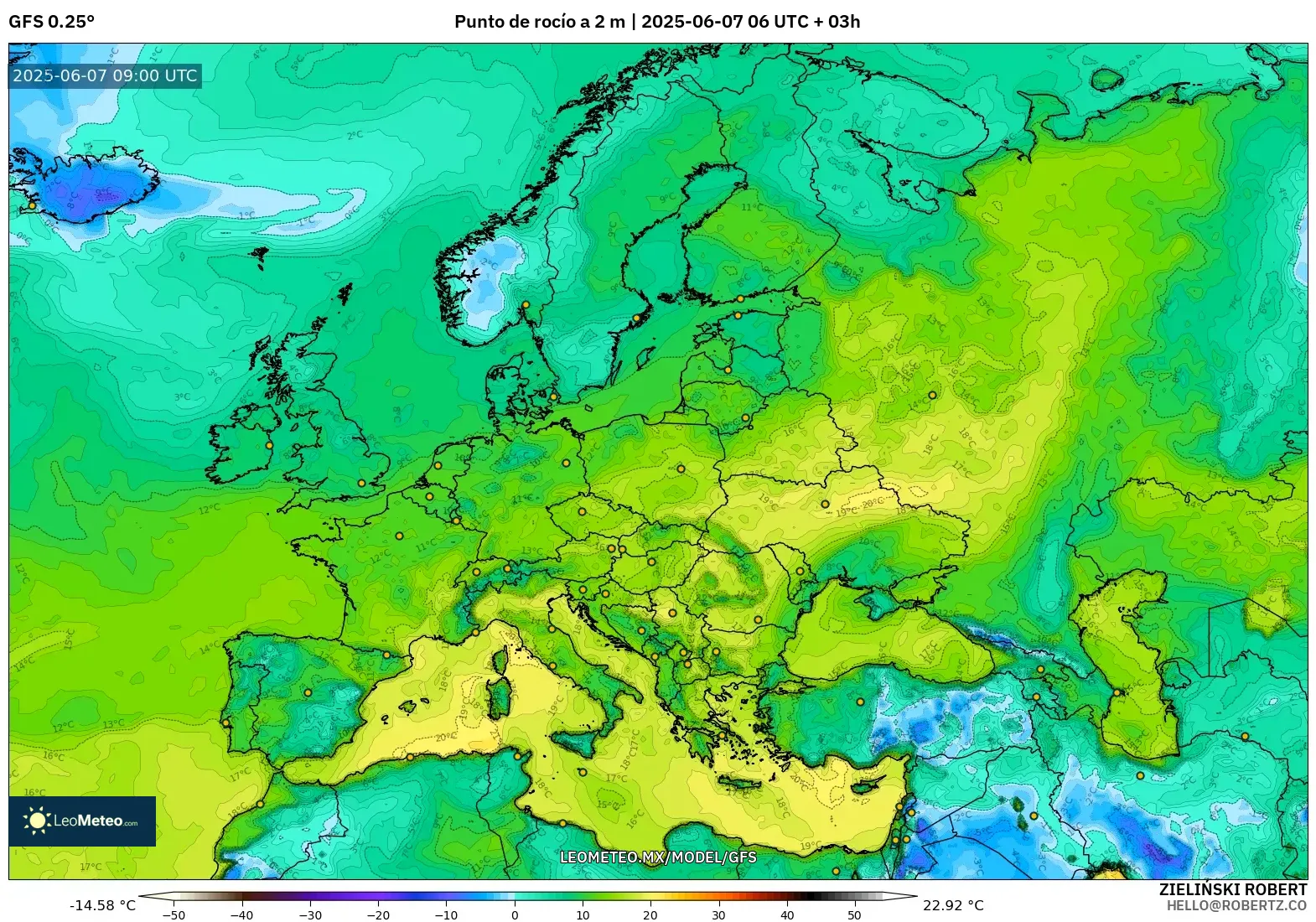 GFS model - Europa, Punto de rocío a 2 m