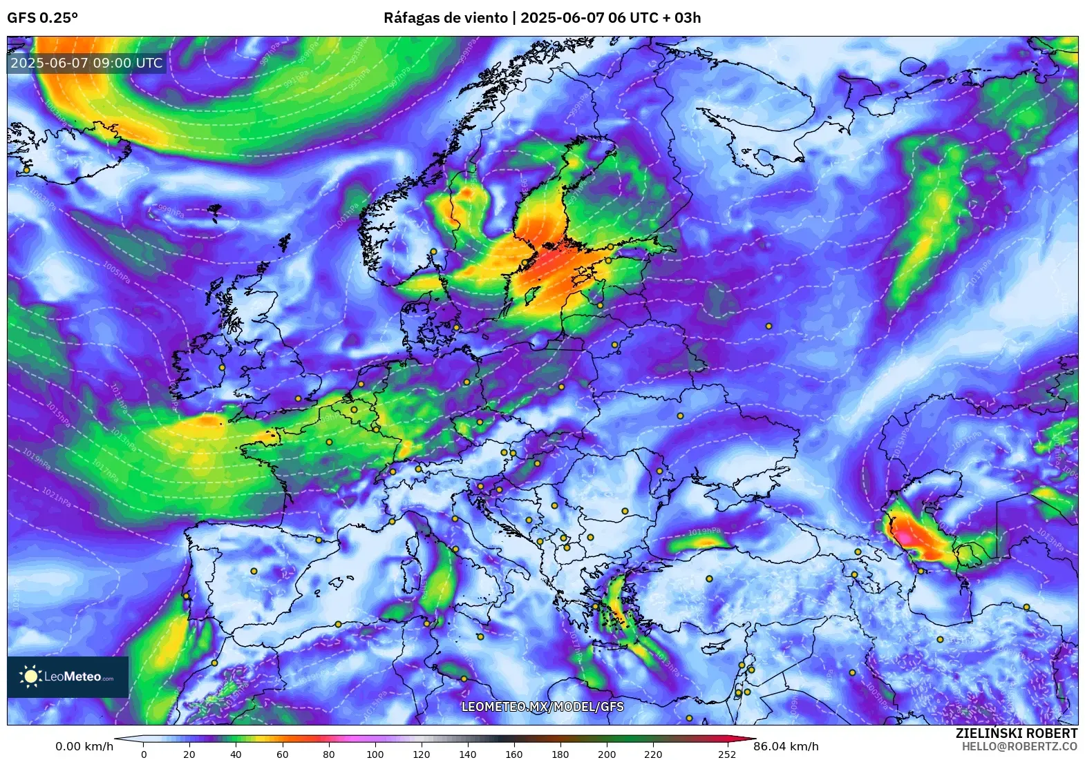 GFS model - Europa, Ráfagas de viento