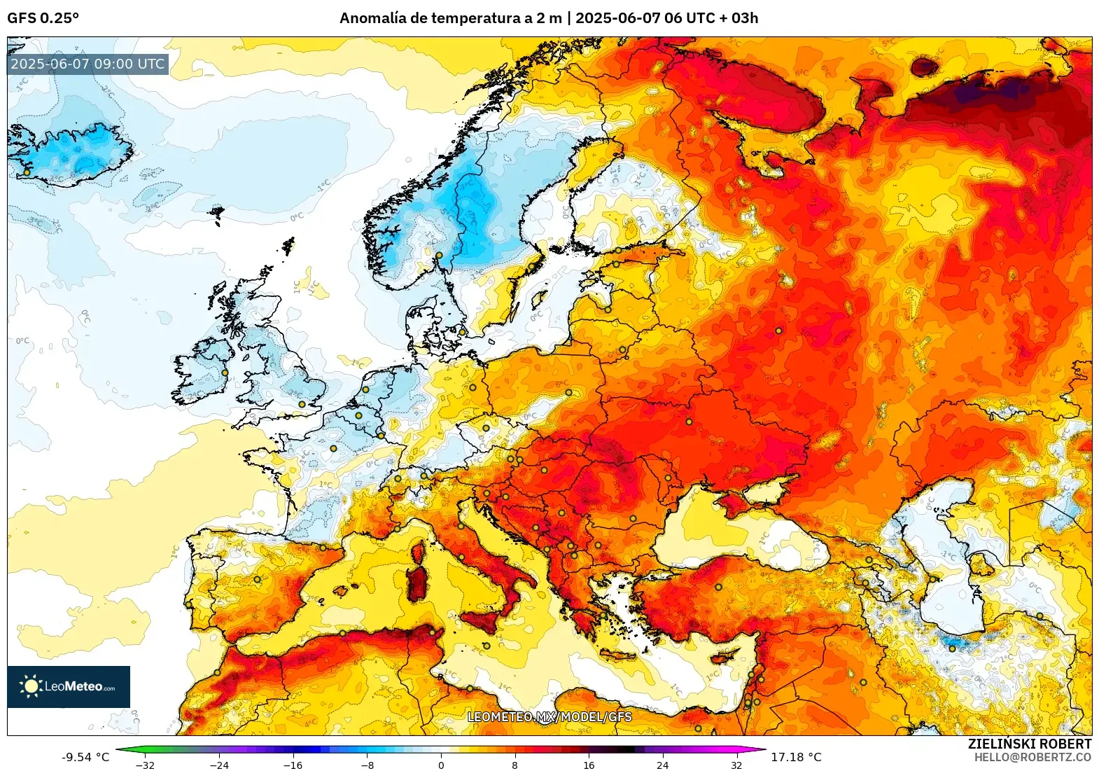 GFS model - Europa, Anomalía de temperatura a 2 m
