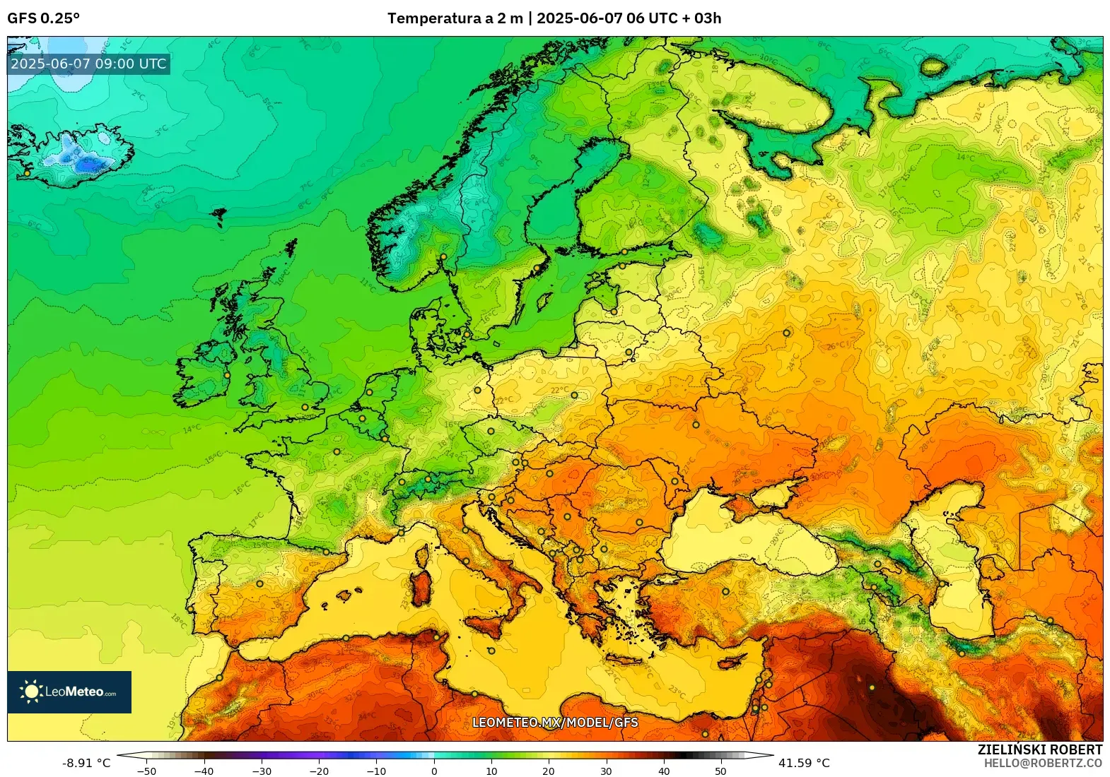 GFS model - Europa, Temperatura a 2 m