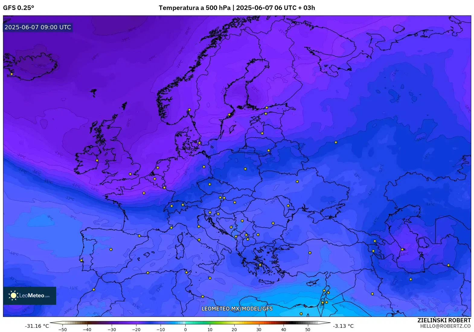 GFS model - Europa, Temperatura a 500 hPa