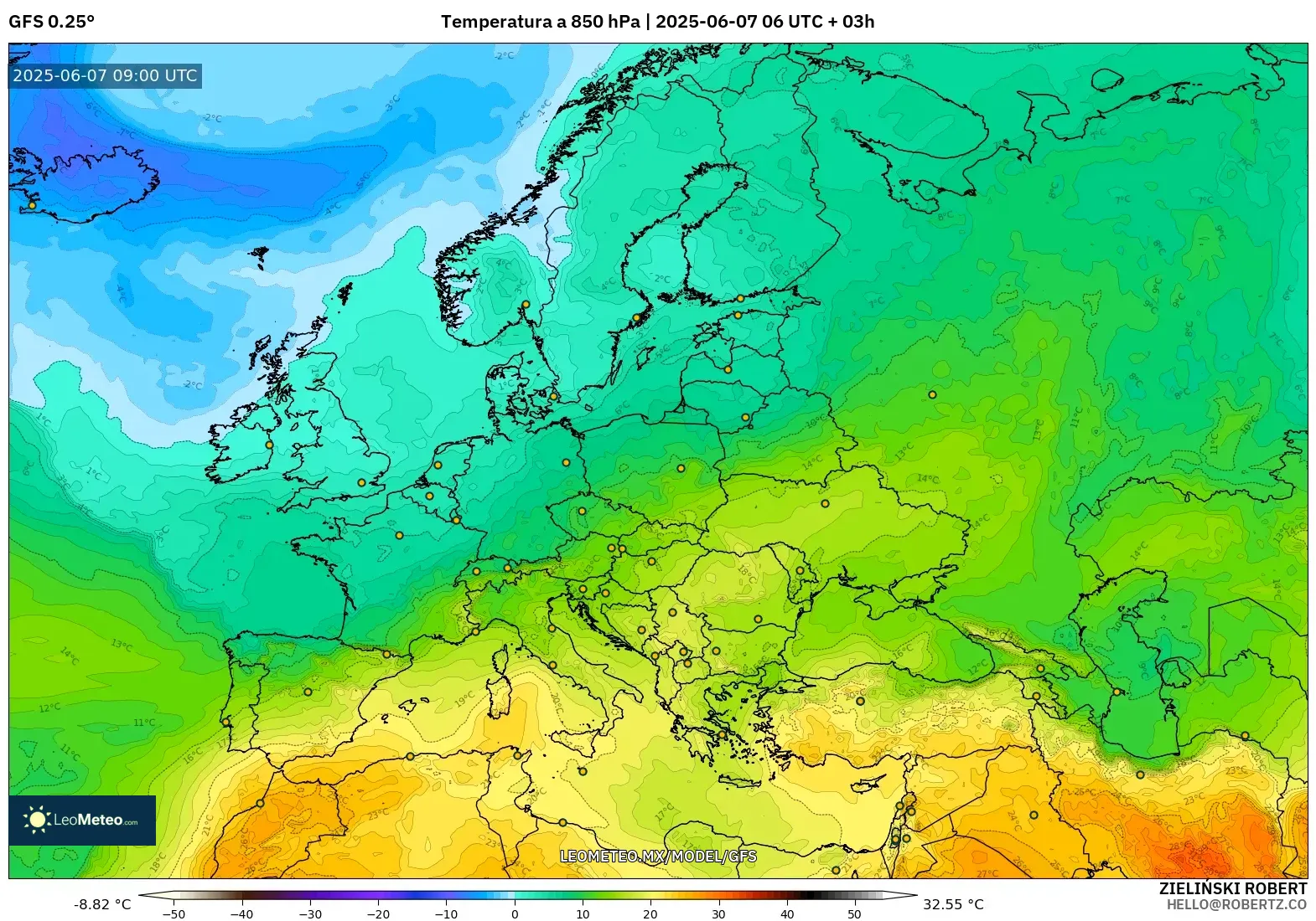 GFS model - Europa, Temperatura a 850 hPa
