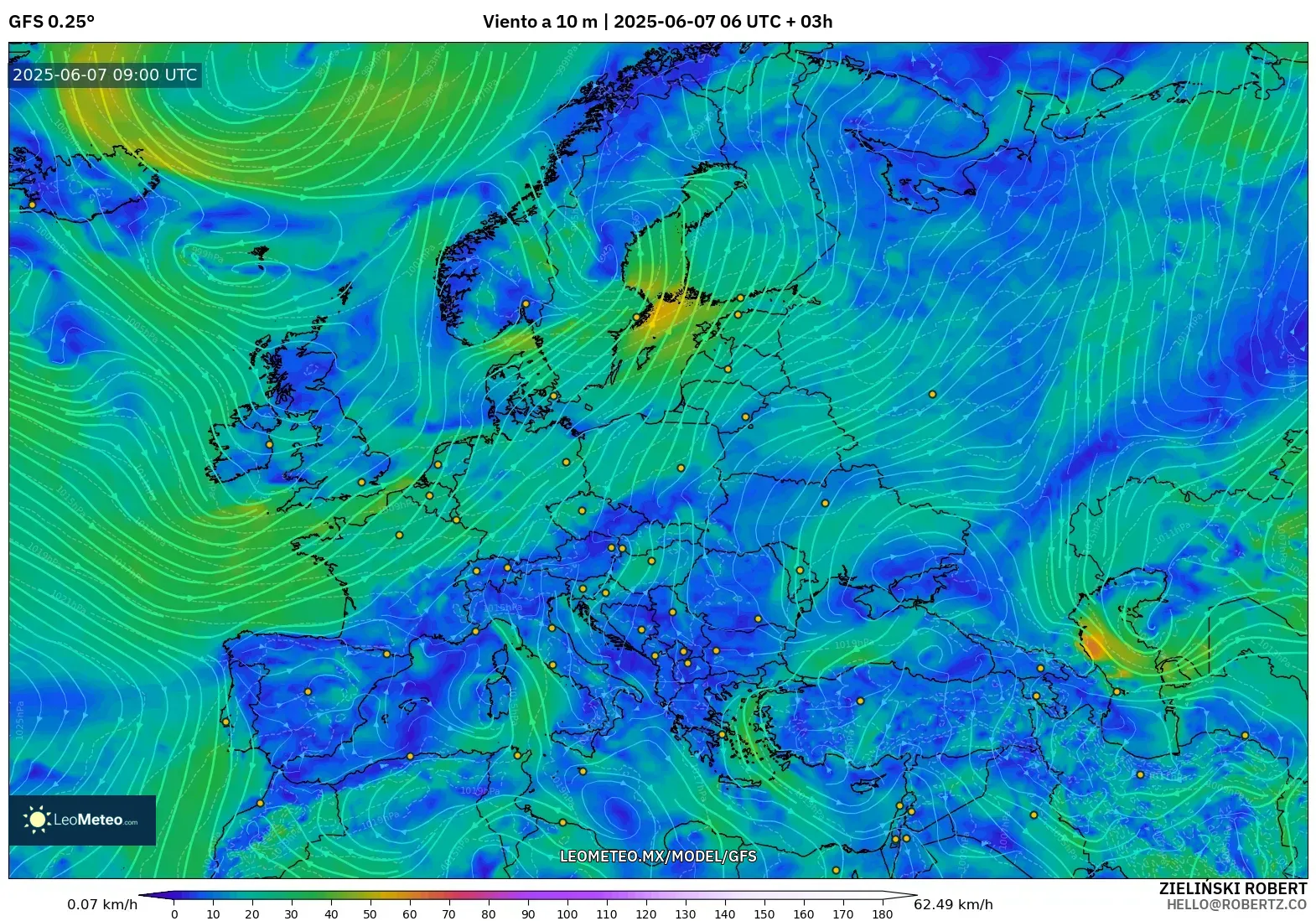 GFS model - Europa, Viento a 10 m