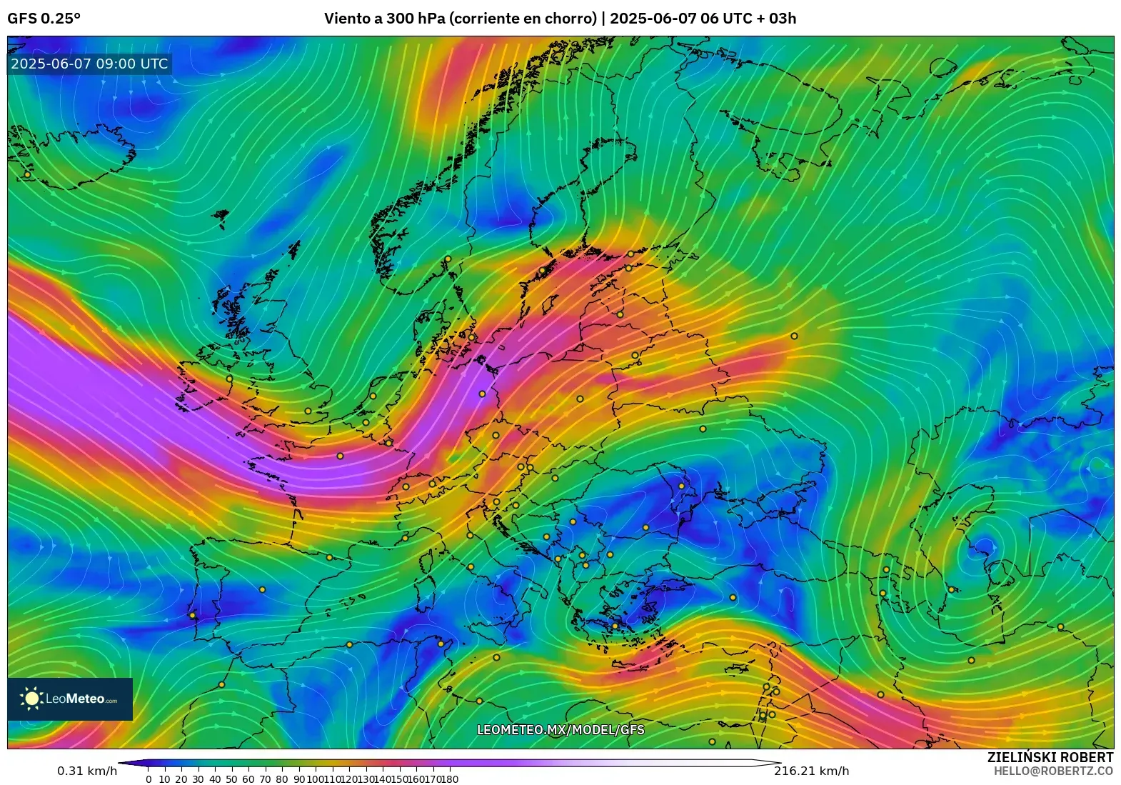 GFS model - Europa, Viento a 300 hPa (corriente en chorro)