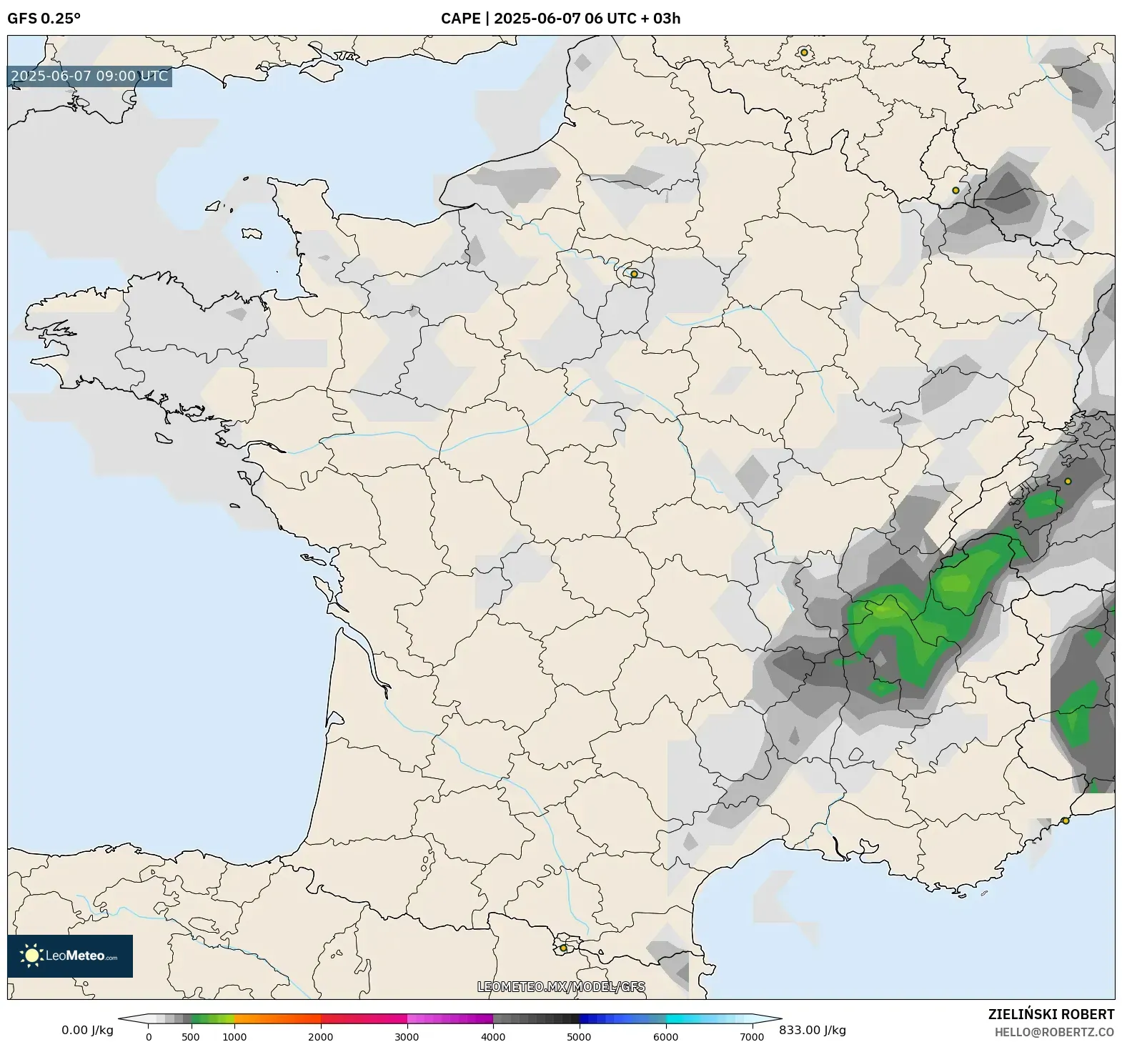 GFS model - Francia, CAPE GFS model - Francia, CAPE