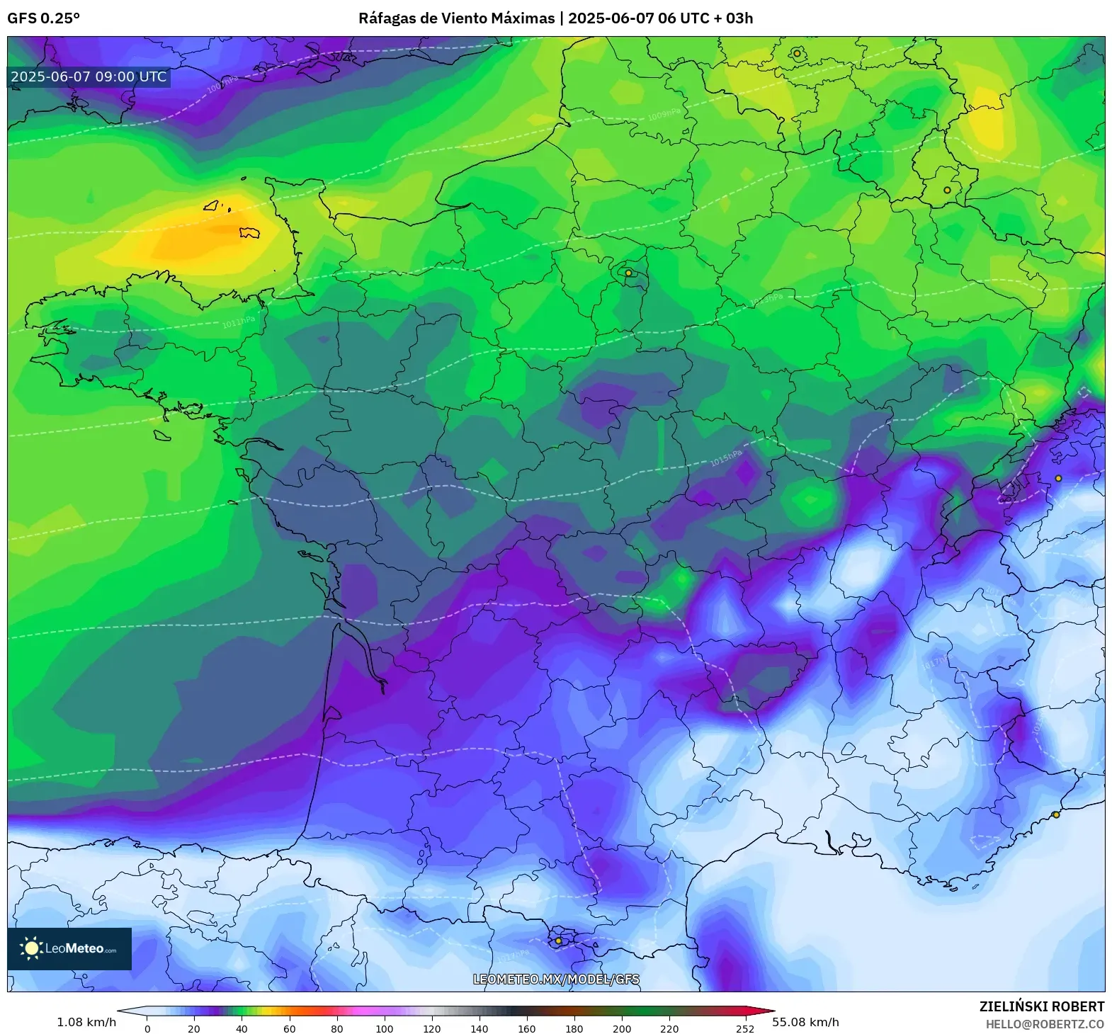 GFS model - Francia, Ráfagas de Viento Máximas