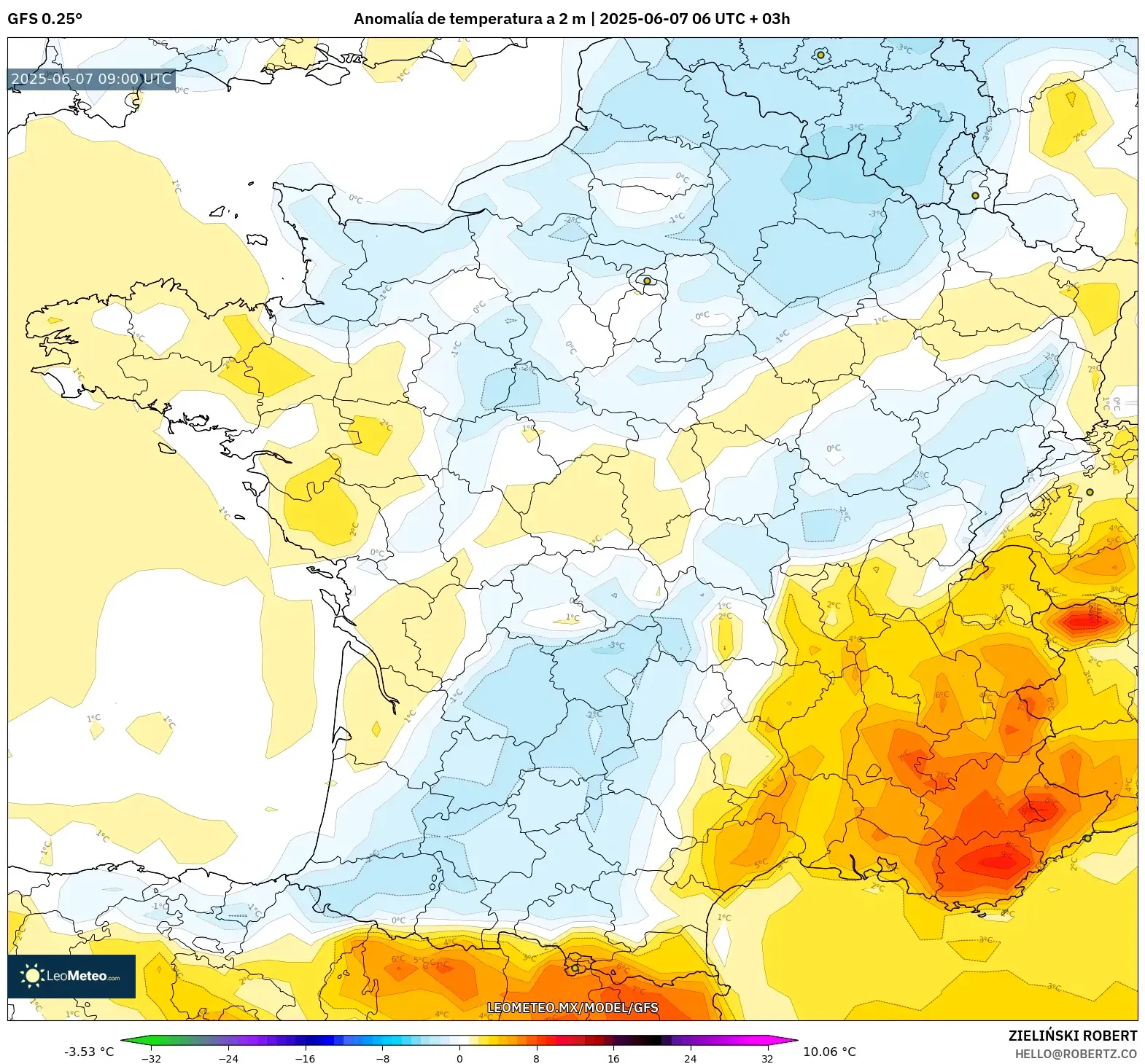 GFS model - Francia, Anomalía de temperatura a 2 m