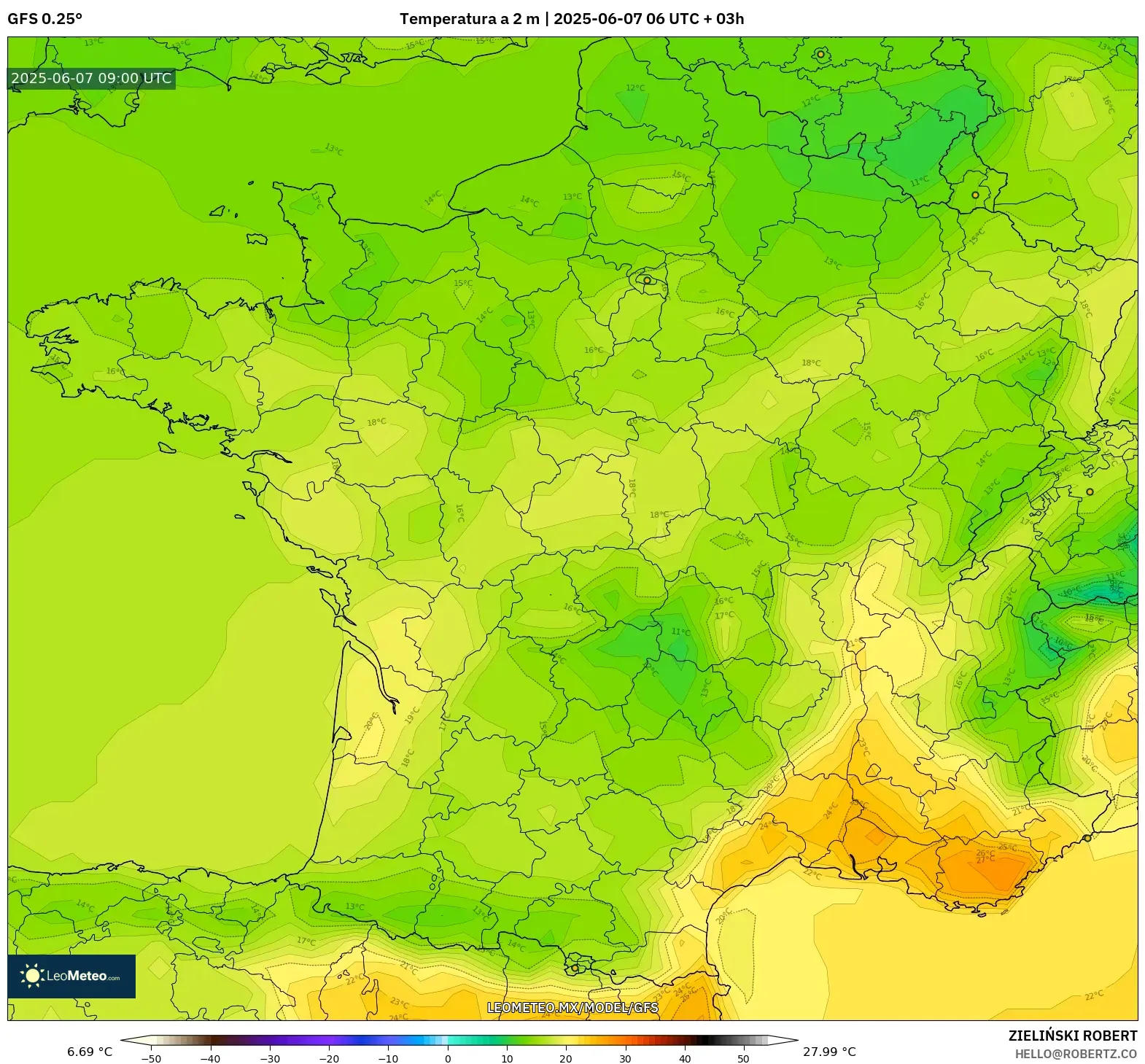 GFS model - Francia, Temperatura a 2 m GFS model - Francia, Temperatura a 2 m
