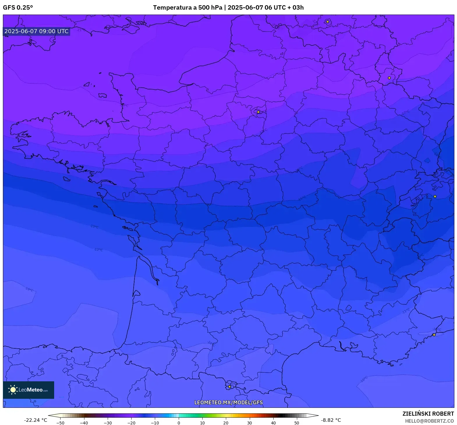 GFS model - Francia, Temperatura a 500 hPa