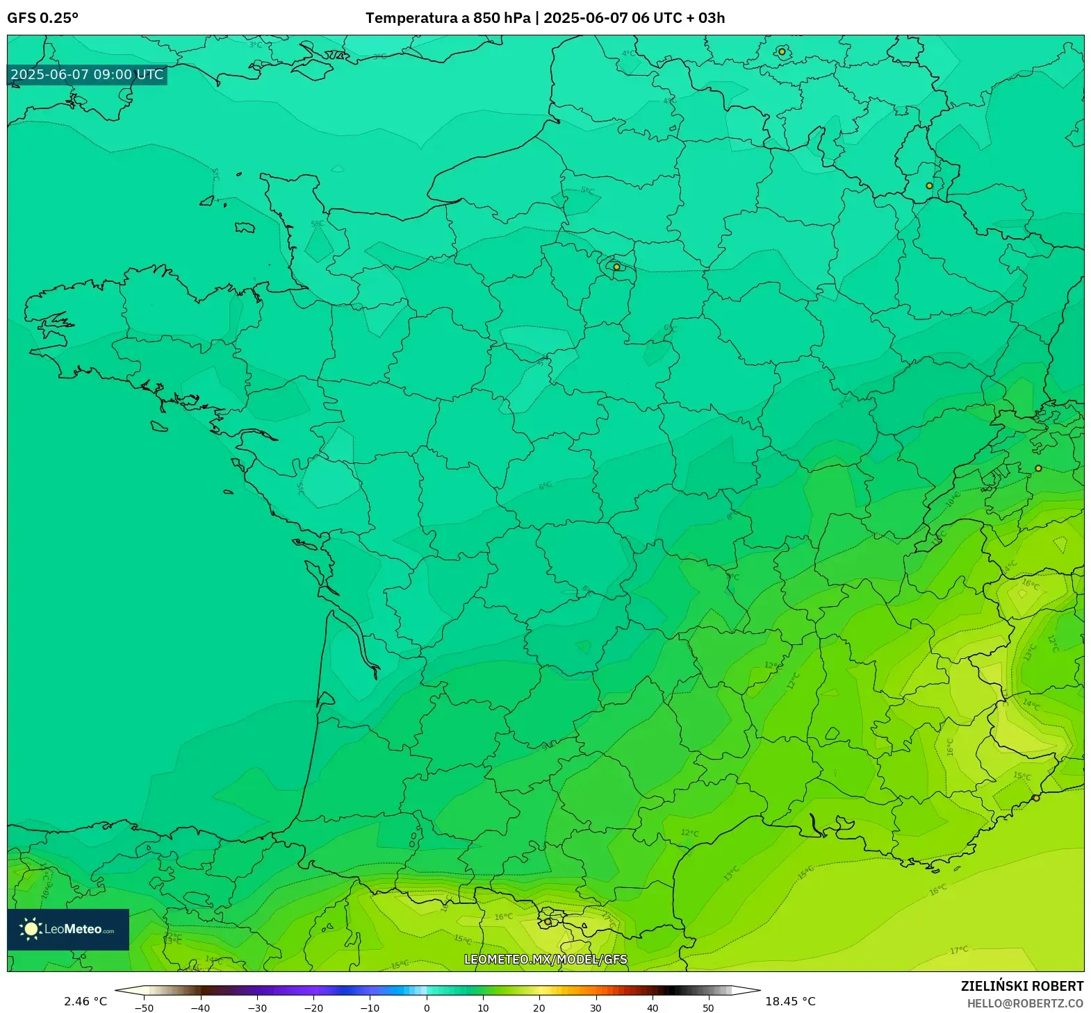 GFS model - Francia, Temperatura a 850 hPa GFS model - Francia, Temperatura a 850 hPa
