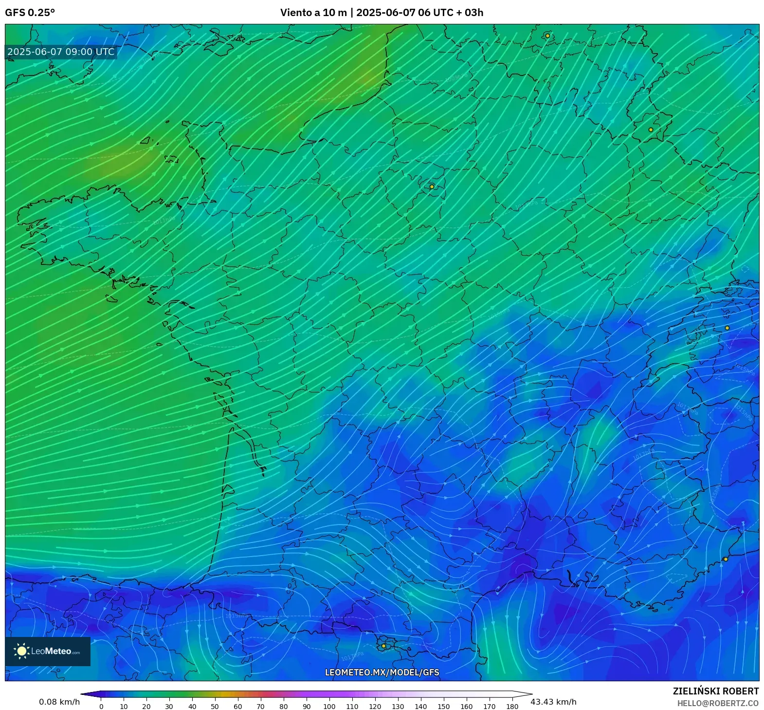 GFS model - Francia, Viento a 10 m GFS model - Francia, Viento a 10 m