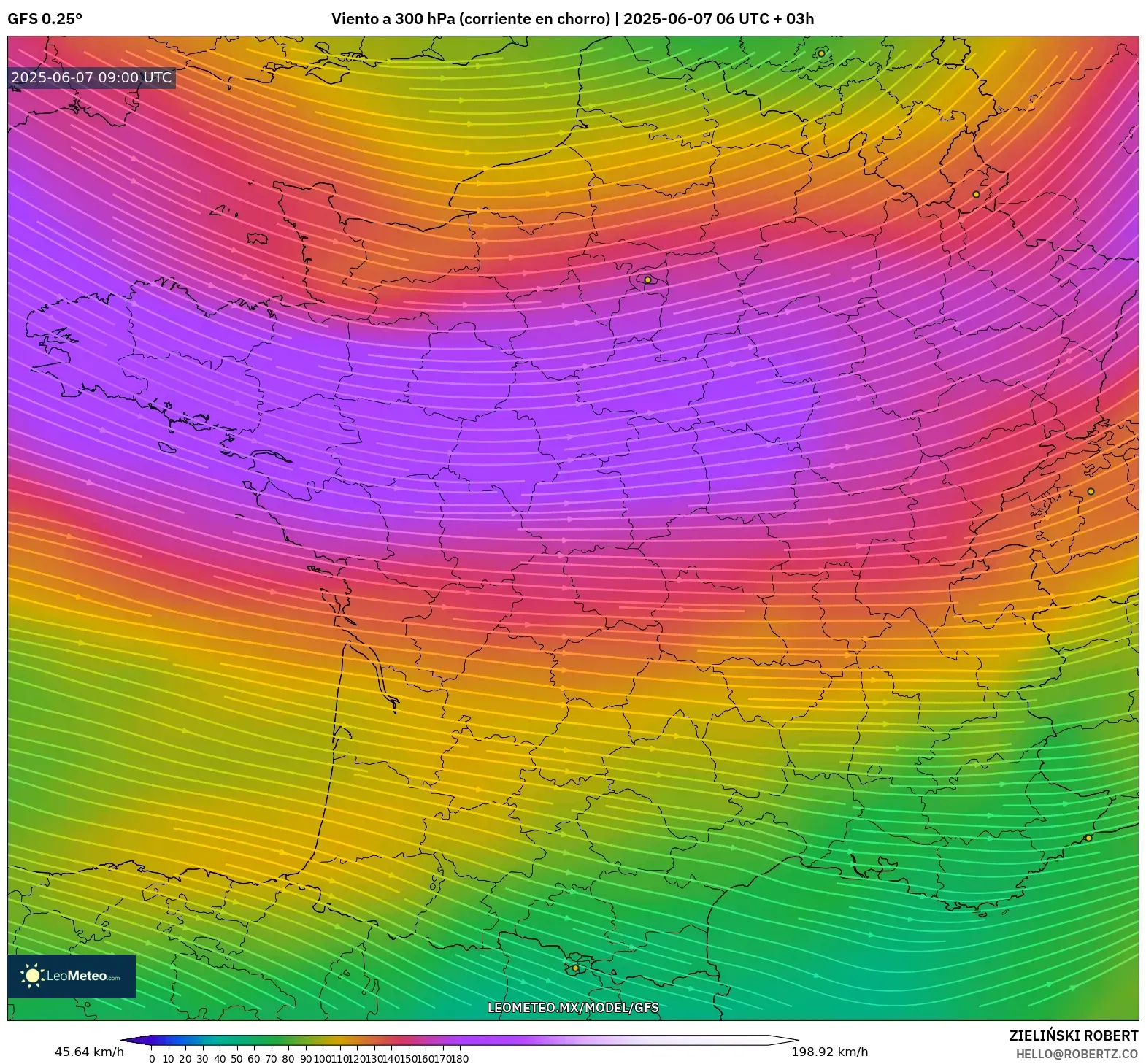 GFS model - Francia, Viento a 300 hPa (corriente en chorro) GFS model - Francia, Viento a 300 hPa (corriente en chorro)