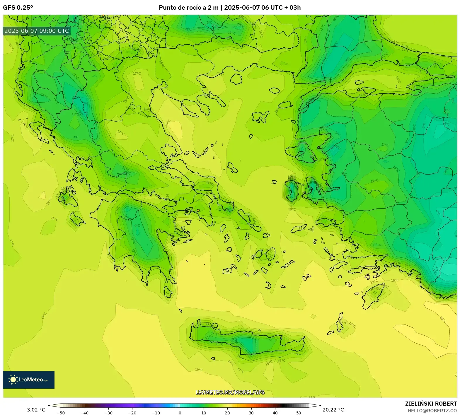 GFS model - Grecia, Punto de rocío a 2 m GFS model - Grecia, Punto de rocío a 2 m