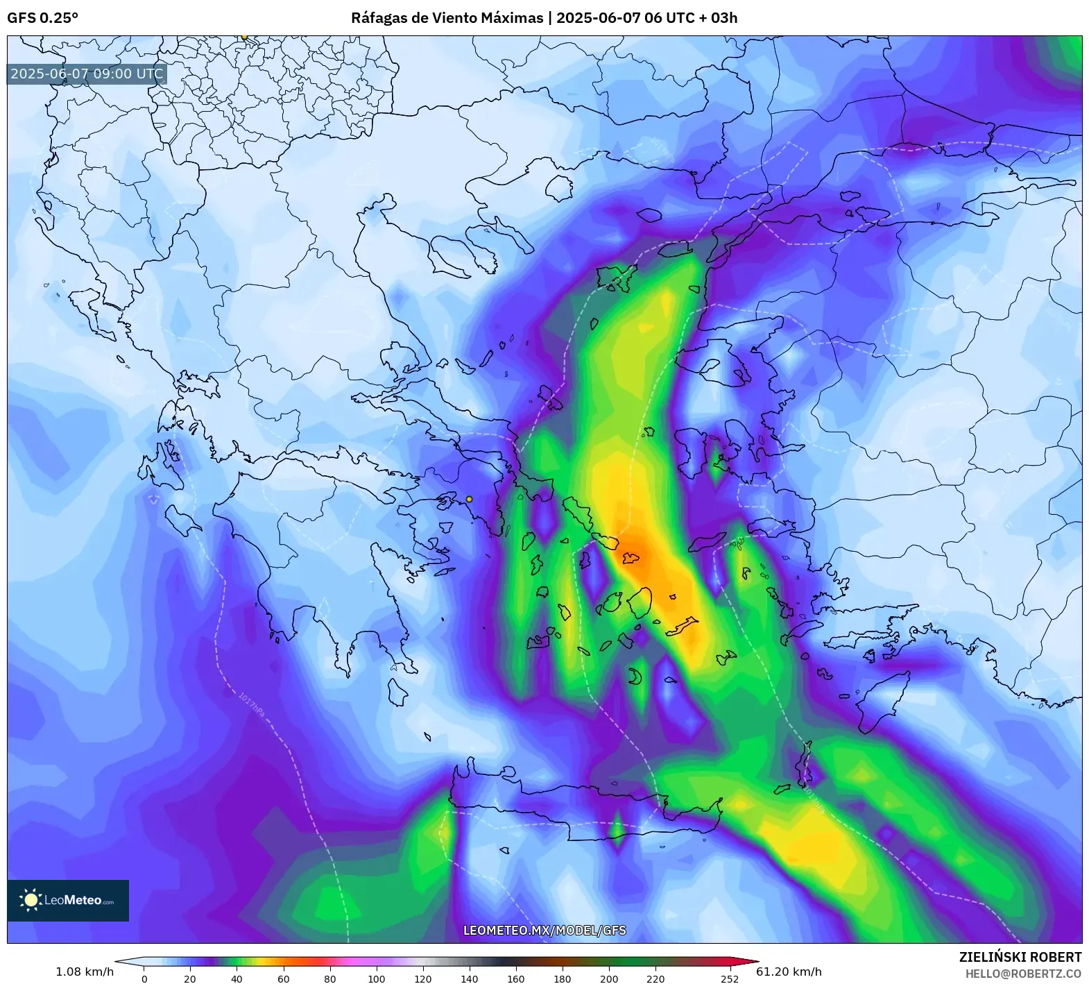 GFS model - Grecia, Ráfagas de Viento Máximas GFS model - Grecia, Ráfagas de Viento Máximas
