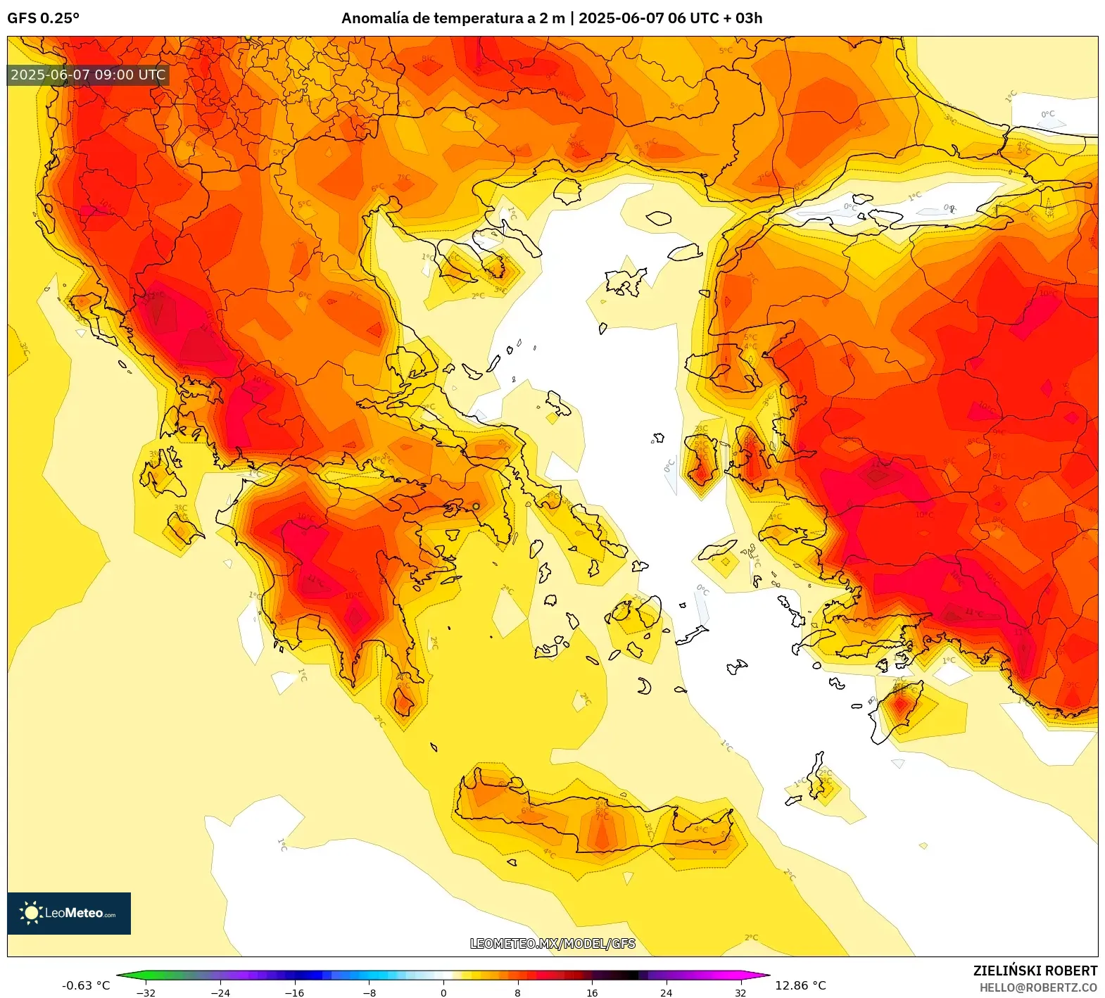 GFS model - Grecia, Anomalía de temperatura a 2 m GFS model - Grecia, Anomalía de temperatura a 2 m