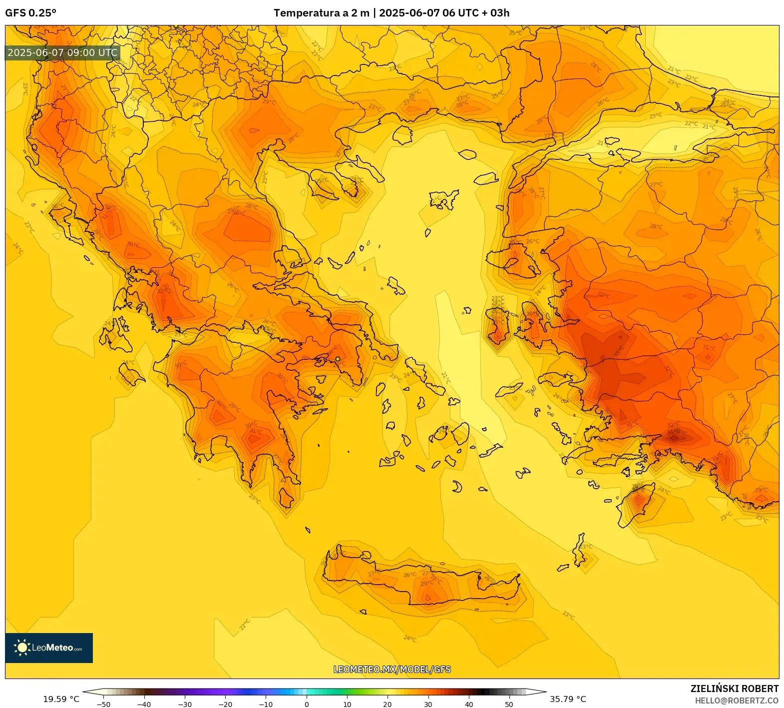 GFS model - Grecia, Temperatura a 2 m GFS model - Grecia, Temperatura a 2 m
