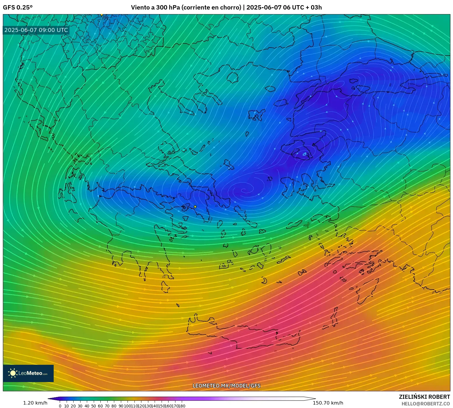 GFS model - Grecia, Viento a 300 hPa (corriente en chorro)